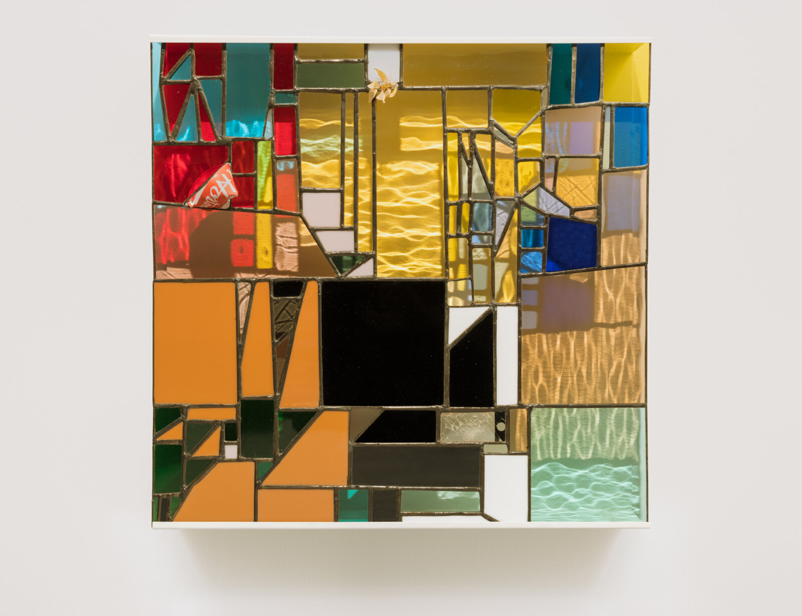 Devon Knowles, Walking Spectrum II, i, S17, 2018, glass, flower petals, iPod glass, paper cup, felt pen, reusable adhesive putty, lead, tin, steel, paint, 20 x 20 x 3 in. (51 x 51 x 8 cm)