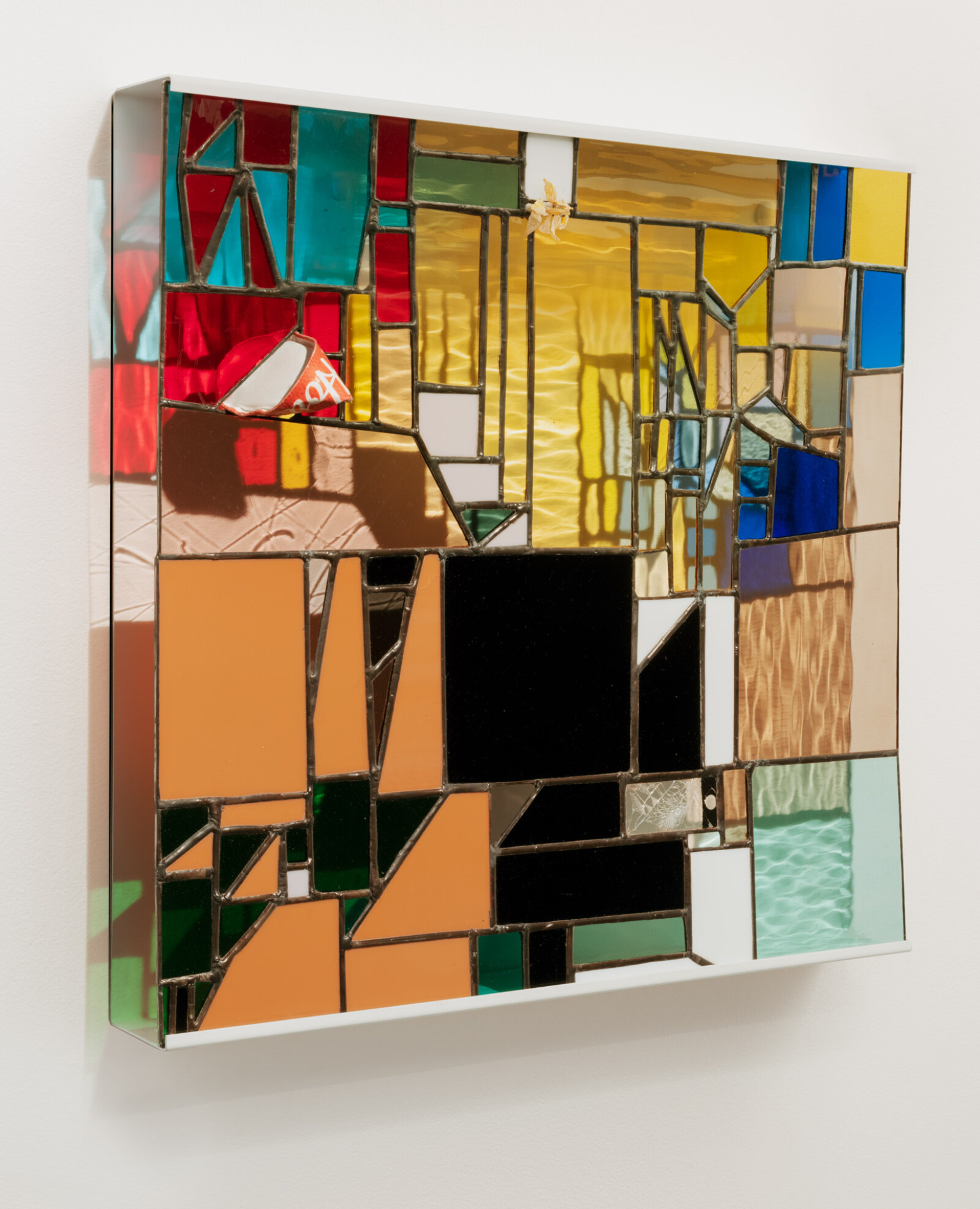 Devon Knowles, Walking Spectrum II, i, S17, 2018, glass, flower petals, iPod glass, paper cup, felt pen, reusable adhesive putty, lead, tin, steel, paint, 20 x 20 x 3 in. (51 x 51 x 8 cm)