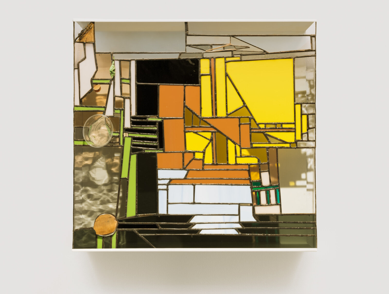 Devon Knowles, Walking Spectrum II, ii, S17, 2018, glass, biodegradable plastic cup, applewood, elastic band, latex balloon, paper, stickers, lead, tin, steel, paint, 22 x 23 x 4 in. (60 x 58 x 10 cm)