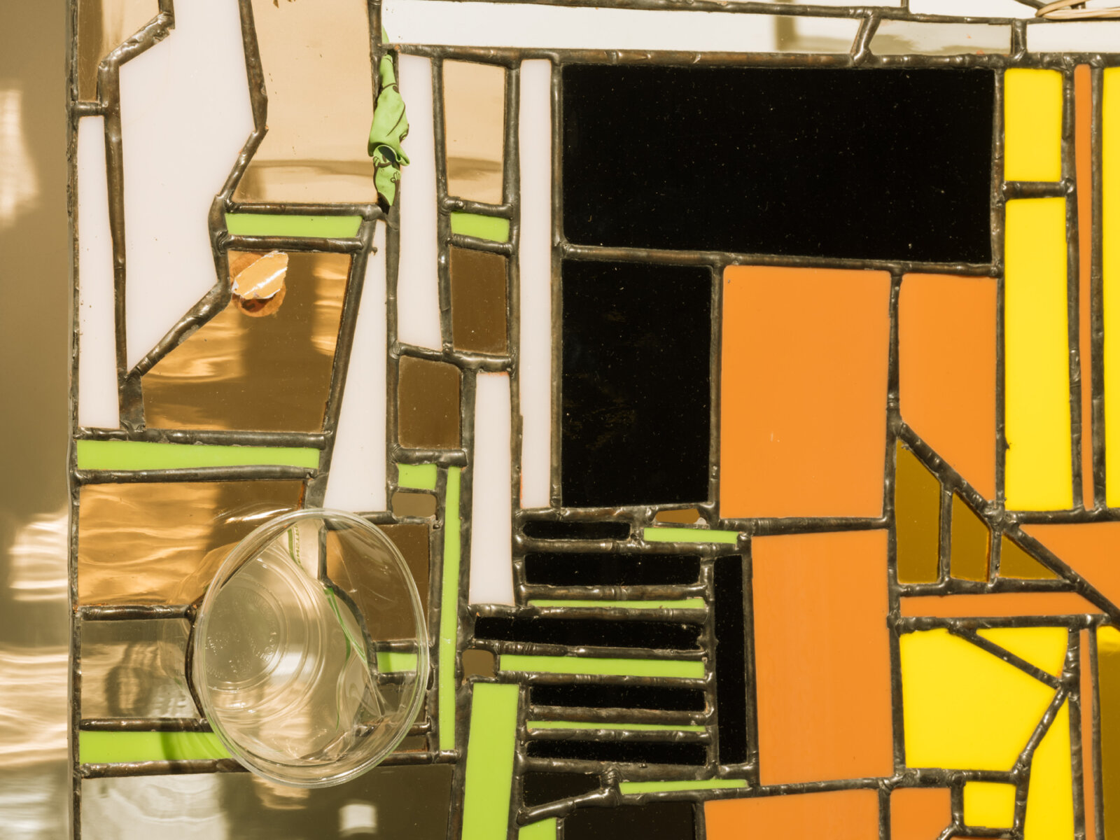 Devon Knowles, Walking Spectrum II, ii , S17 (detail), 2018, glass, biodegradable plastic cup, applewood, elastic band, latex balloon, paper, stickers, lead, tin, steel, paint, 22 x 23 x 4 in. (60 x 58 x 10 cm)