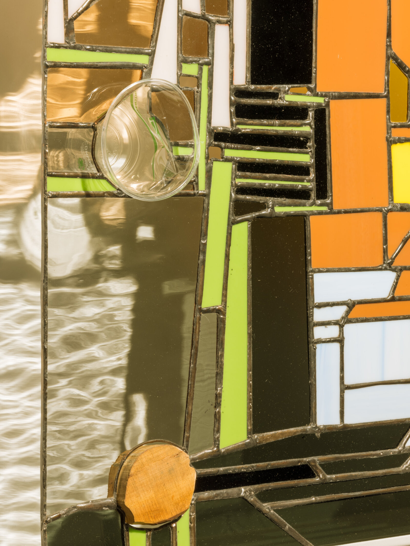 Devon Knowles, Walking Spectrum II, ii , S17 (detail), 2018, glass, biodegradable plastic cup, applewood, elastic band, latex balloon, paper, stickers, lead, tin, steel, paint, 22 x 23 x 4 in. (60 x 58 x 10 cm)