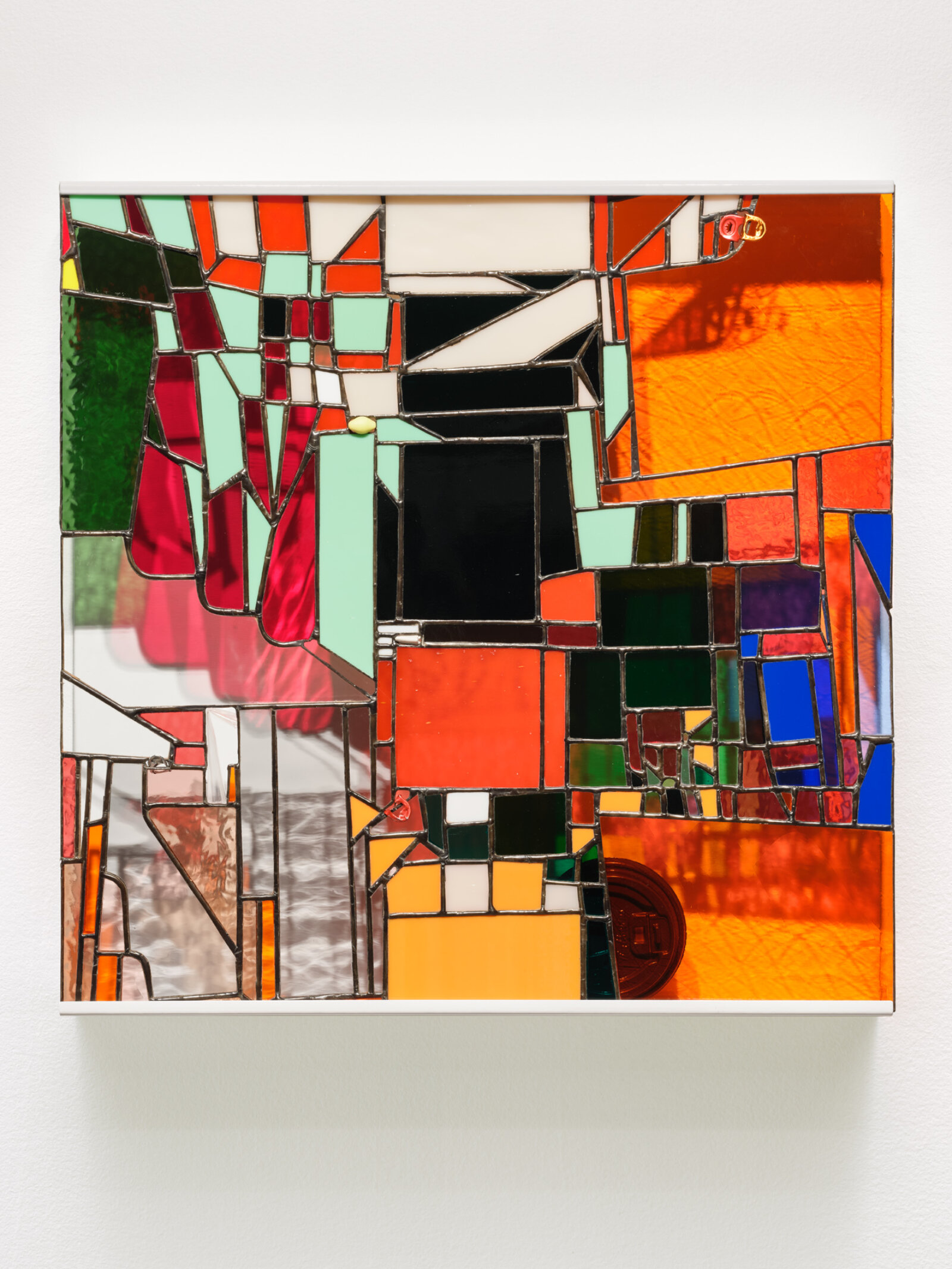 Devon Knowles, Walking Spectrum, III, i, S18, 2019, glass, aluminum tabs, cellophane envelope, plastic lid, foam earplug, steel zipper, paper receipt, lead, tin, steel, paint, 20 x 20 x 3 in. (51 x 51 x 8 cm)