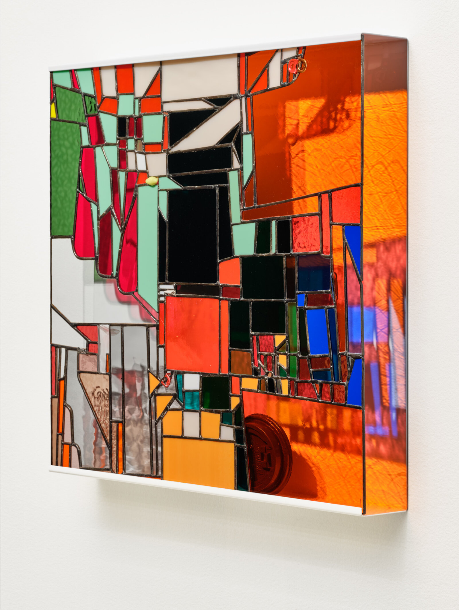 Devon Knowles, Walking Spectrum, III, i, S18, 2019, glass, aluminum tabs, cellophane envelope, plastic lid, foam earplug, steel zipper, paper receipt, lead, tin, steel, paint, 20 x 20 x 3 in. (51 x 51 x 8 cm)