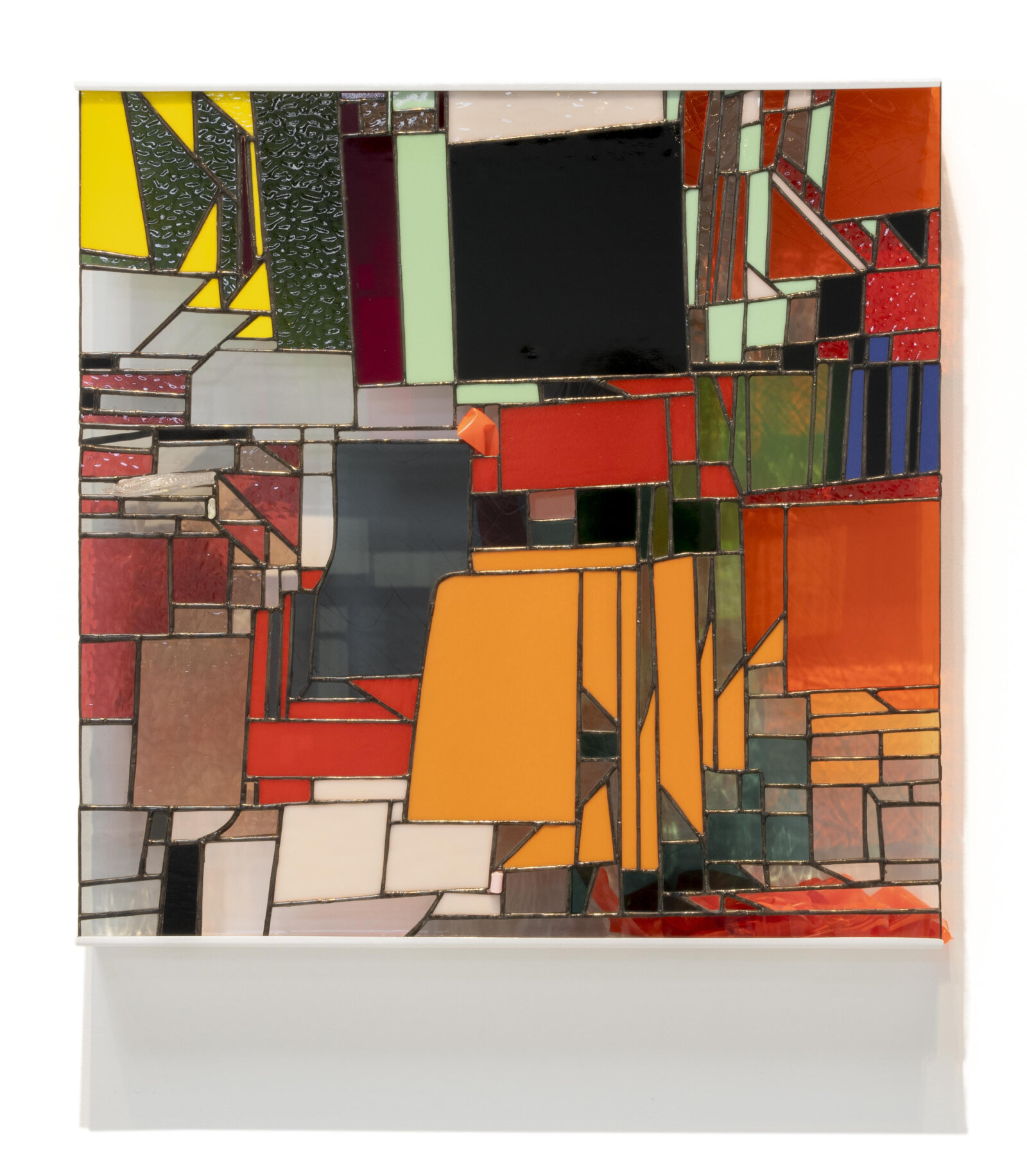 Devon Knowles, Walking Spectrum, III, ii, S18 (detail), 2019, glass, plastic lid, plastic straw, paper straw cover, plastic bread tab, plastic flagging tape, lead, tin, steel, paint, 24 x 24 x 3 in. (61 x 61 x 8 cm)