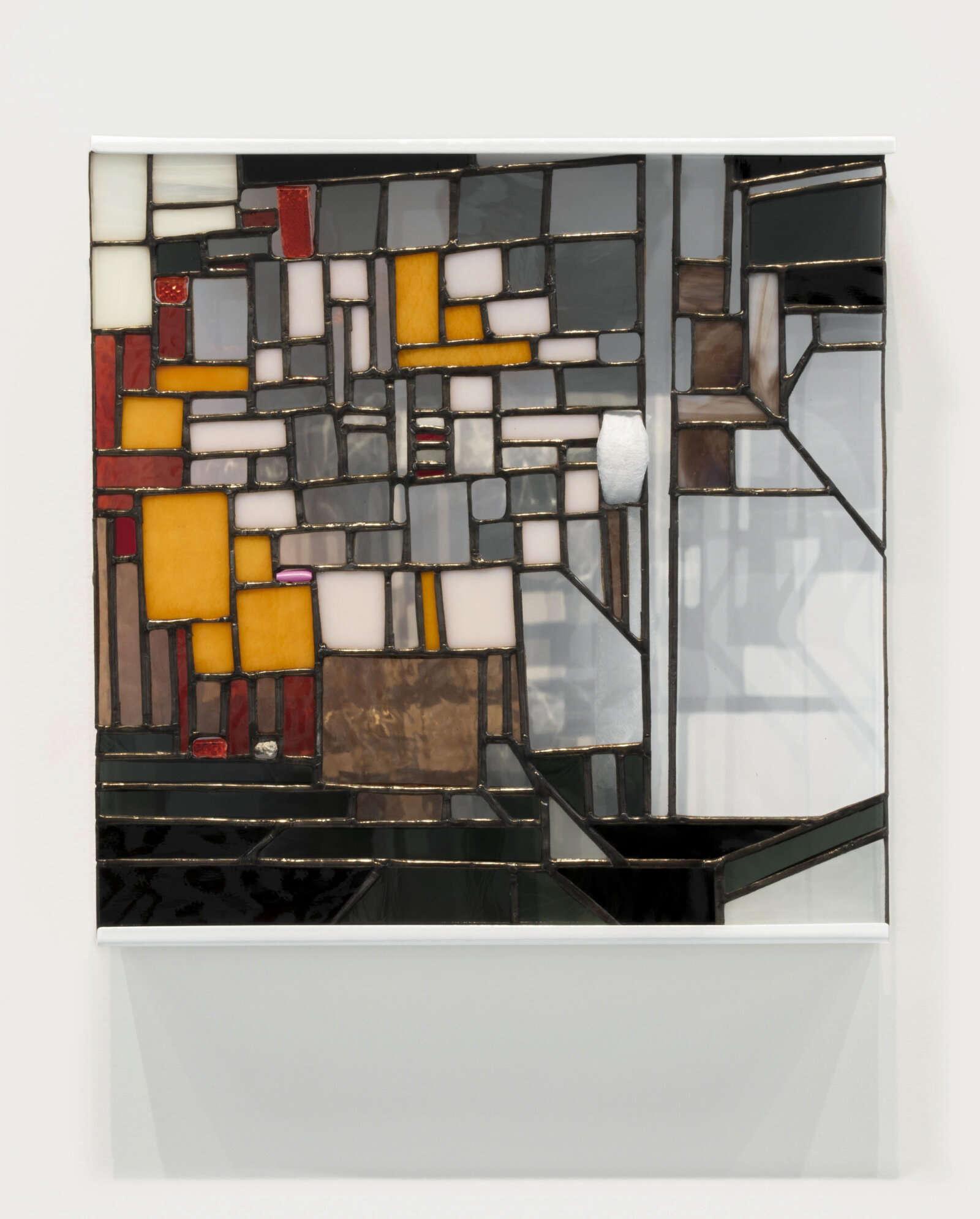 Devon Knowles, Walking Spectrum IV, i, F18, 2019, glass, plastic reflectors, concrete, plastic straw, dryer sheet, lead, tin, steel paint, 13 x 13 x 2 in. (32 x 32 x 6 cm)