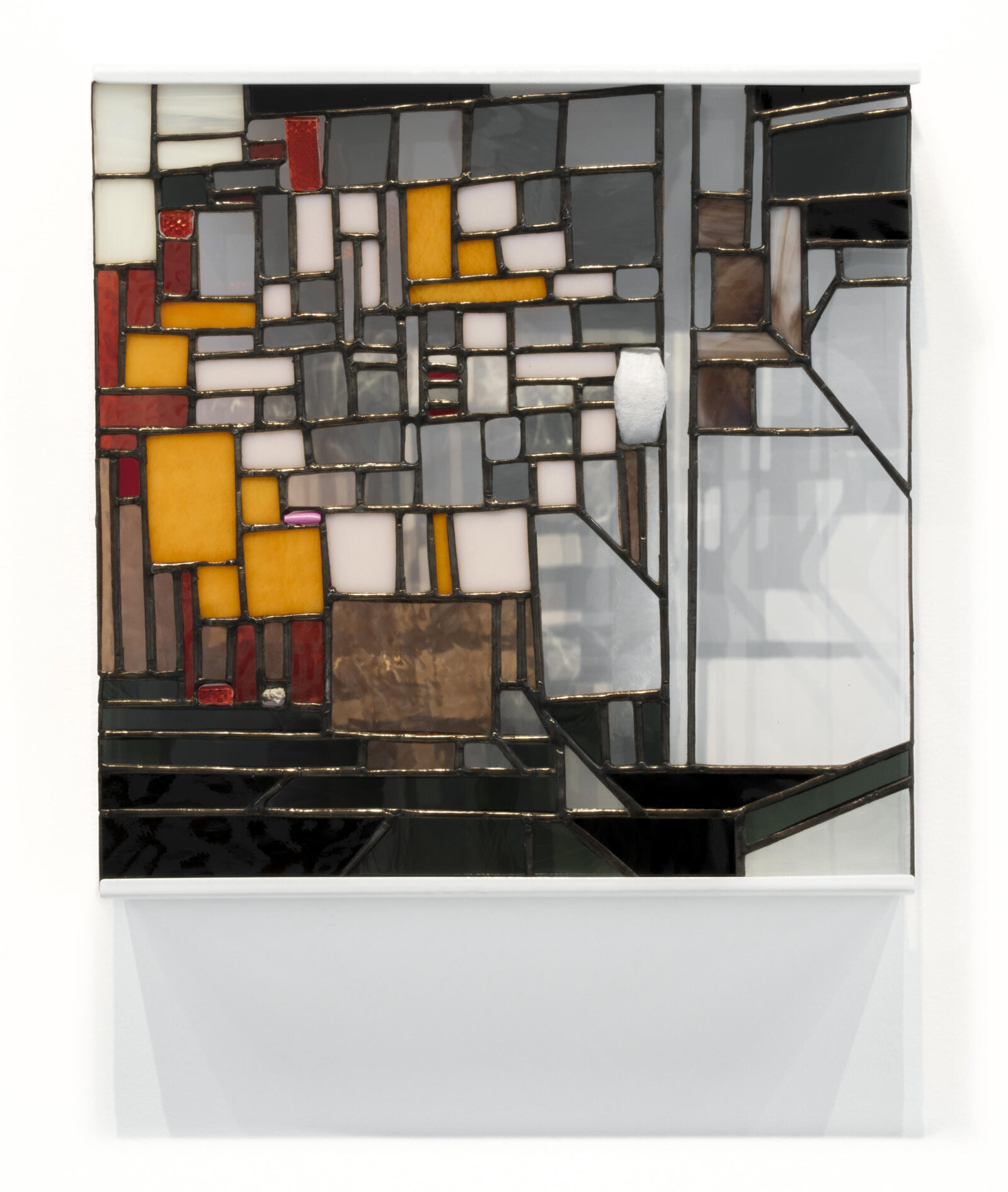 Devon Knowles, Walking Spectrum IV, i, F18 (detail), 2019, glass, plastic reflectors, concrete, plastic straw, dryer sheet, lead, tin, steel paint, 13 x 13 x 2 in. (32 x 32 x 6 cm)