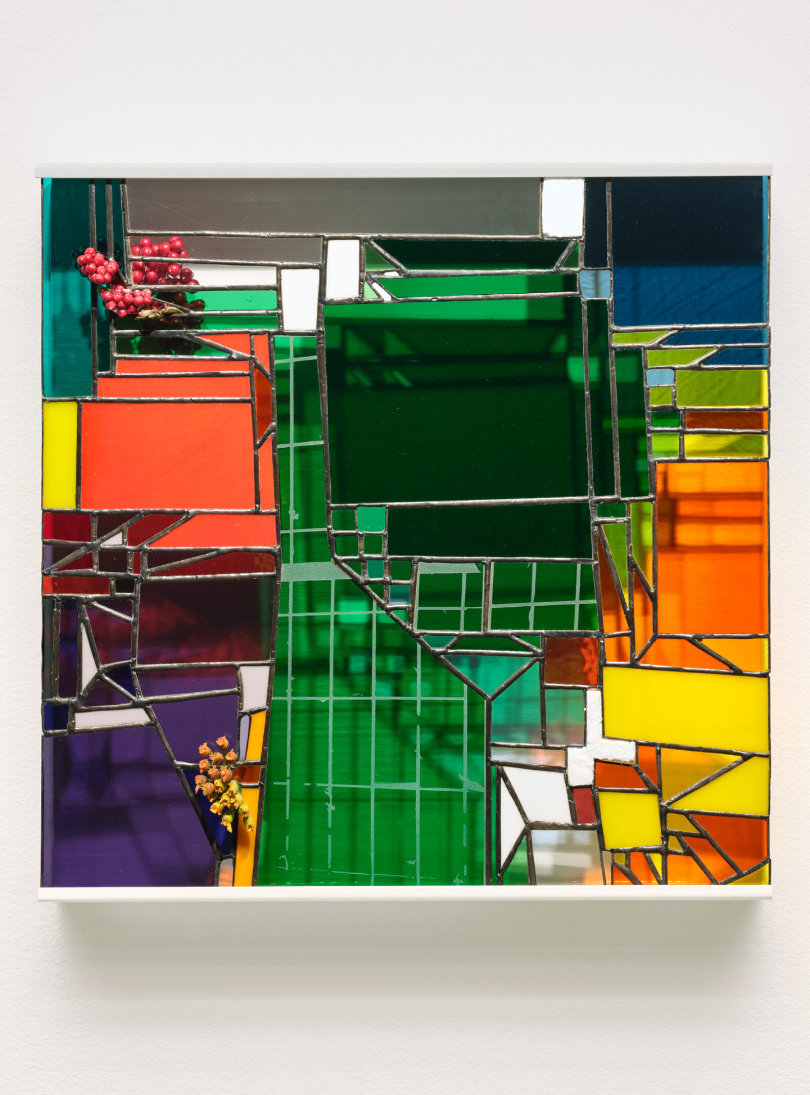 Devon Knowles, Walking Spectrum, V, i, F19, 2020, glass, artificial berries, styrofoam, tin, lead, steel, 20 x 20 x 3 in. (51 x 51 x 6 cm)