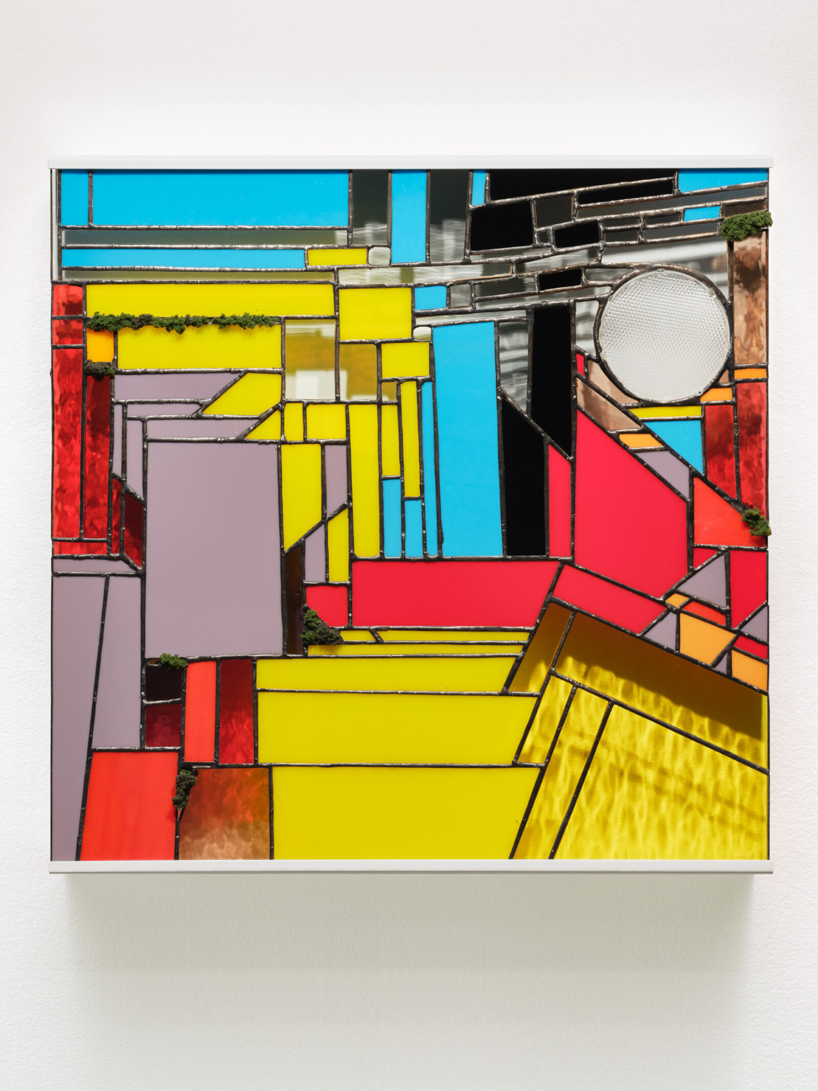 Devon Knowles, Walking Spectrum, VI, i, W20, 2020, glass, glass flood light lens, artificial moss, tin, lead, steel, 20 x 20 x 2 in. (51 x 51 x 4 cm)