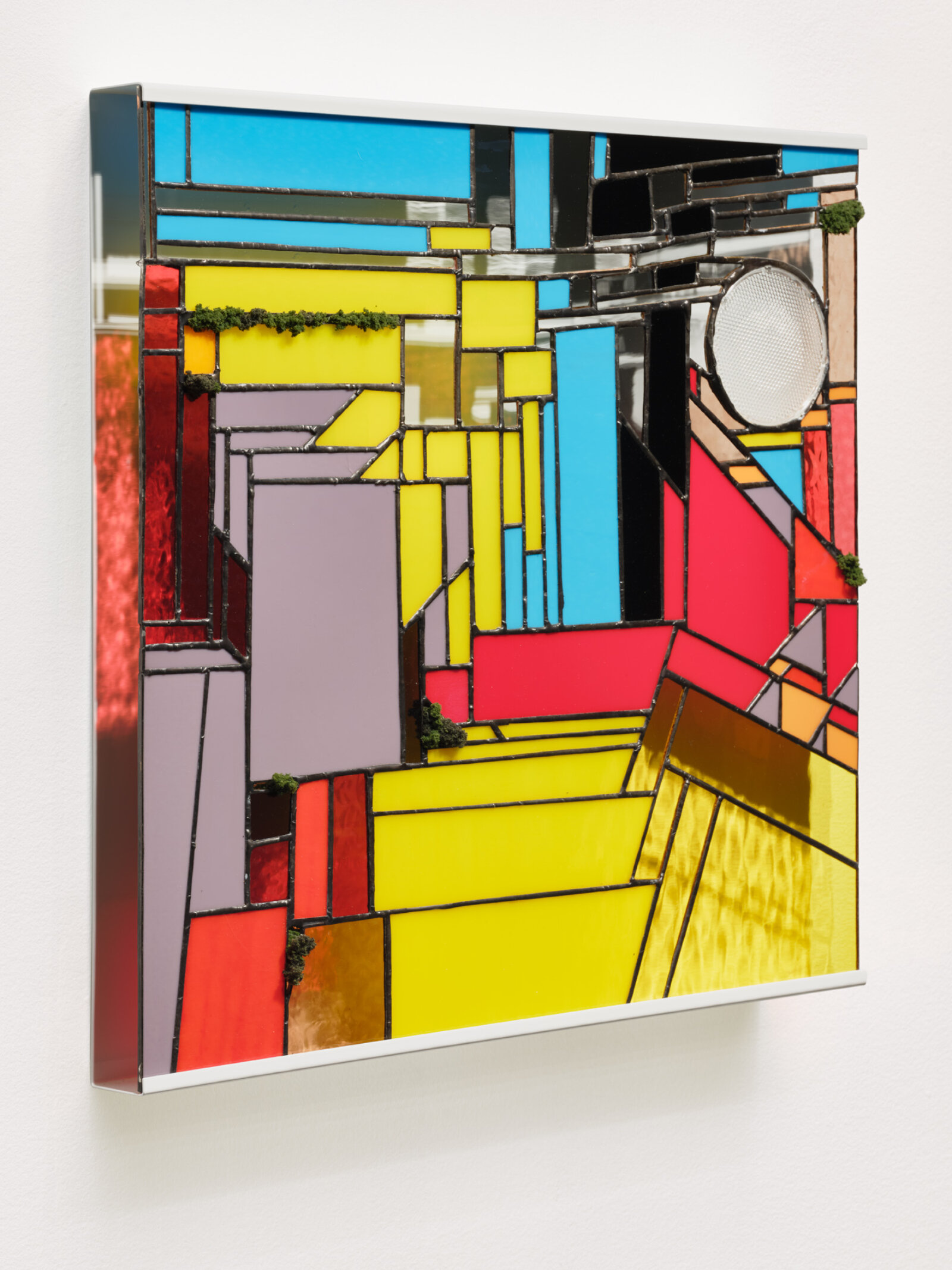 Devon Knowles, Walking Spectrum, VI, i, W20, 2020, glass, glass flood light lens, artificial moss, tin, lead, steel, 20 x 20 x 2 in. (51 x 51 x 4 cm)