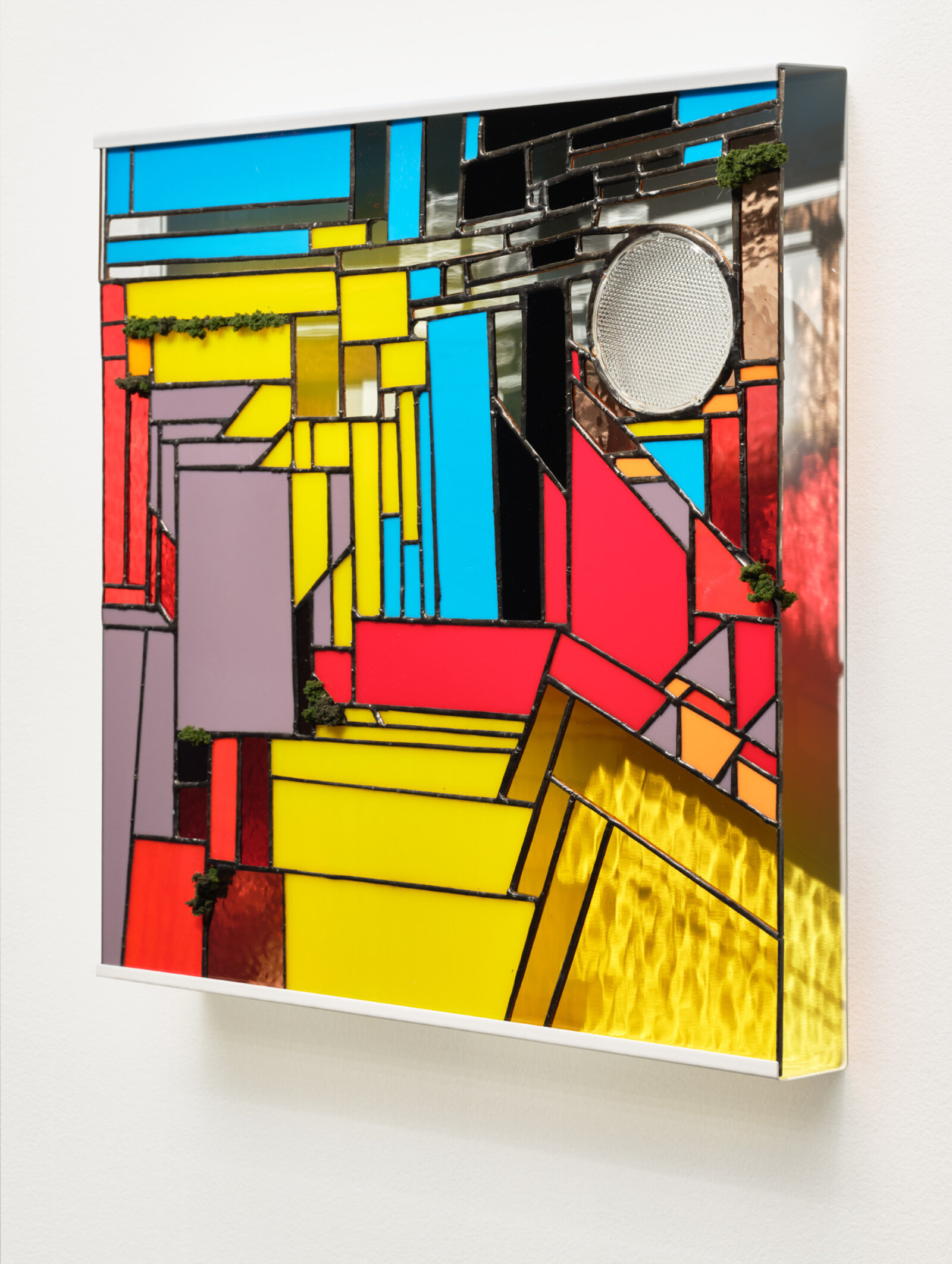 Devon Knowles, Walking Spectrum, VI, i, W20, 2020, glass, glass flood light lens, artificial moss, tin, lead, steel, 20 x 20 x 2 in. (51 x 51 x 4 cm)