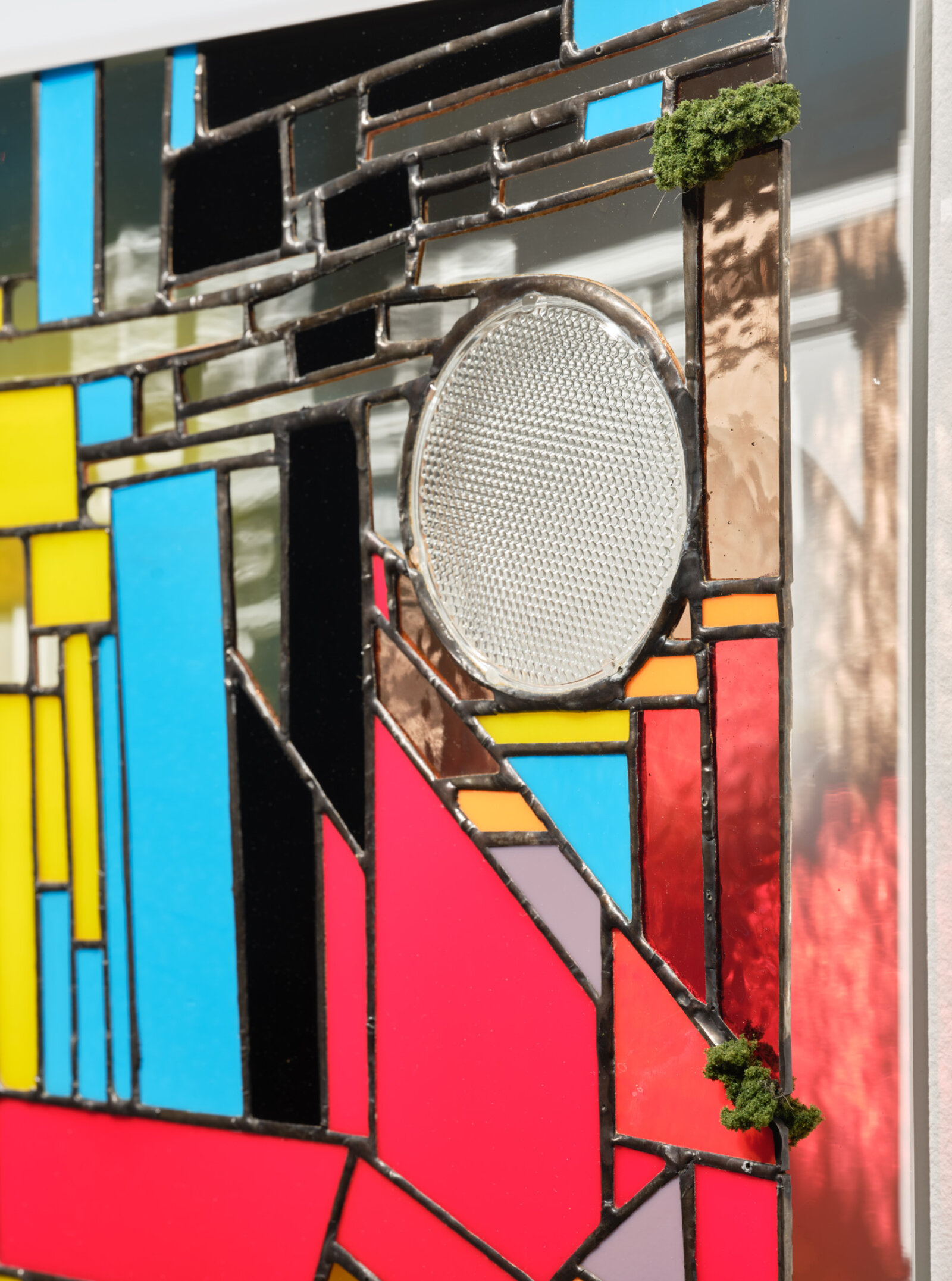 Devon Knowles, Walking Spectrum, VI, i, W20 (detail), 2020, glass, glass flood light lens, artificial moss, tin, lead, steel, 20 x 20 x 2 in. (51 x 51 x 4 cm)