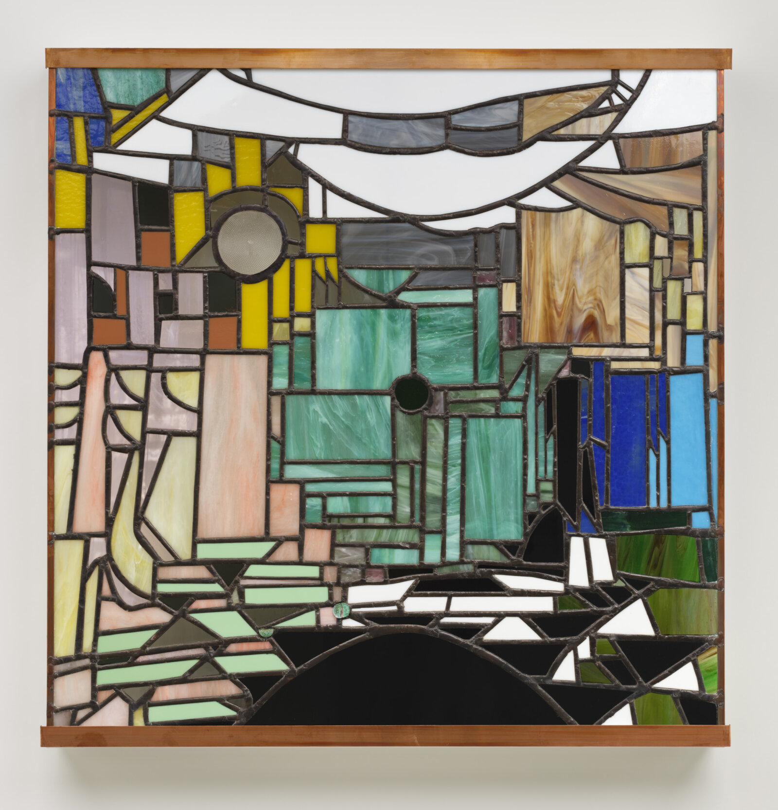 Devon Knowles, Walking Spectrum VII, i, S17, 2022, glass, copper, tin, lead, steel, 35 x 35 x 3 in. (89 x 88 x 8 cm)