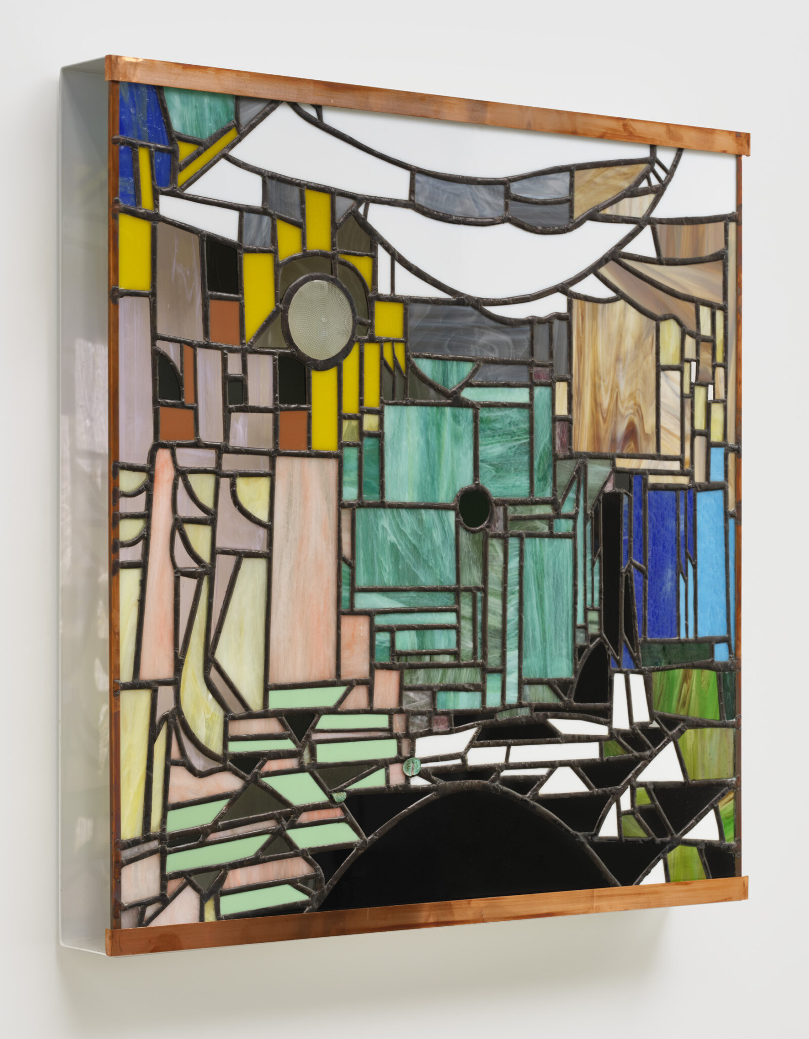 Devon Knowles, Walking Spectrum VII, i, S17, 2022, glass, copper, tin, lead, steel, 35 x 35 x 3 in. (89 x 88 x 8 cm)