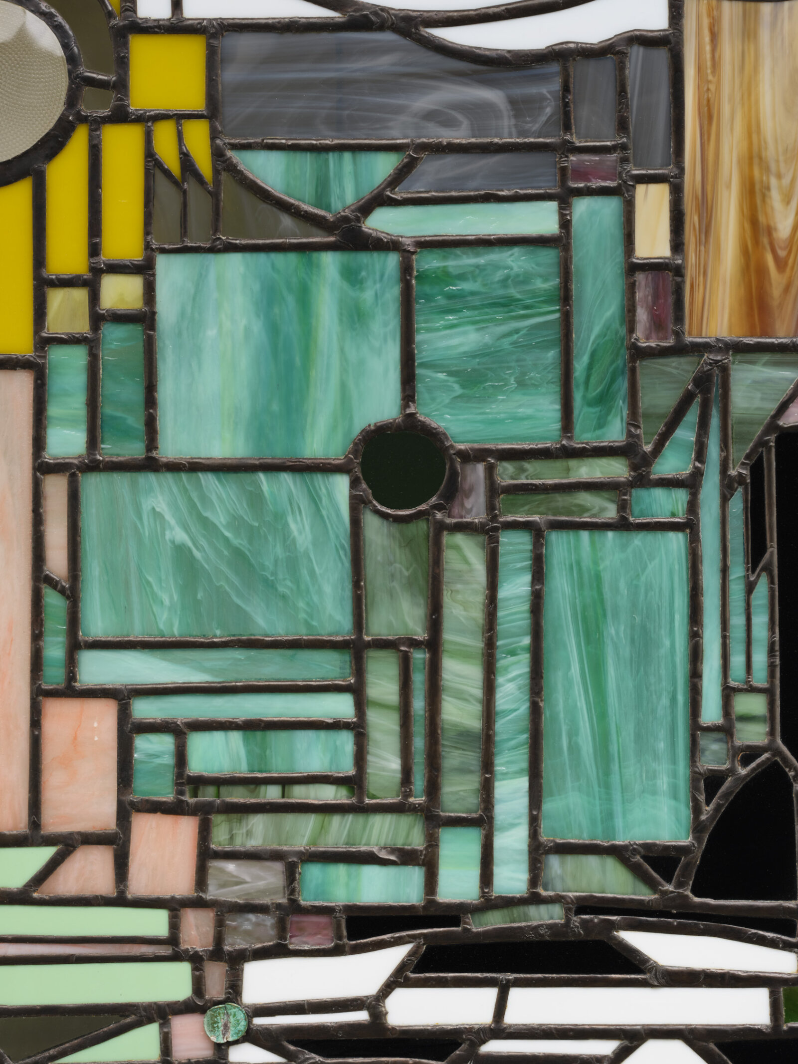 Devon Knowles, Walking Spectrum VII, i, S17 (detail), 2022, glass, copper, tin, lead, steel, 35 x 35 x 3 in. (89 x 88 x 8 cm)