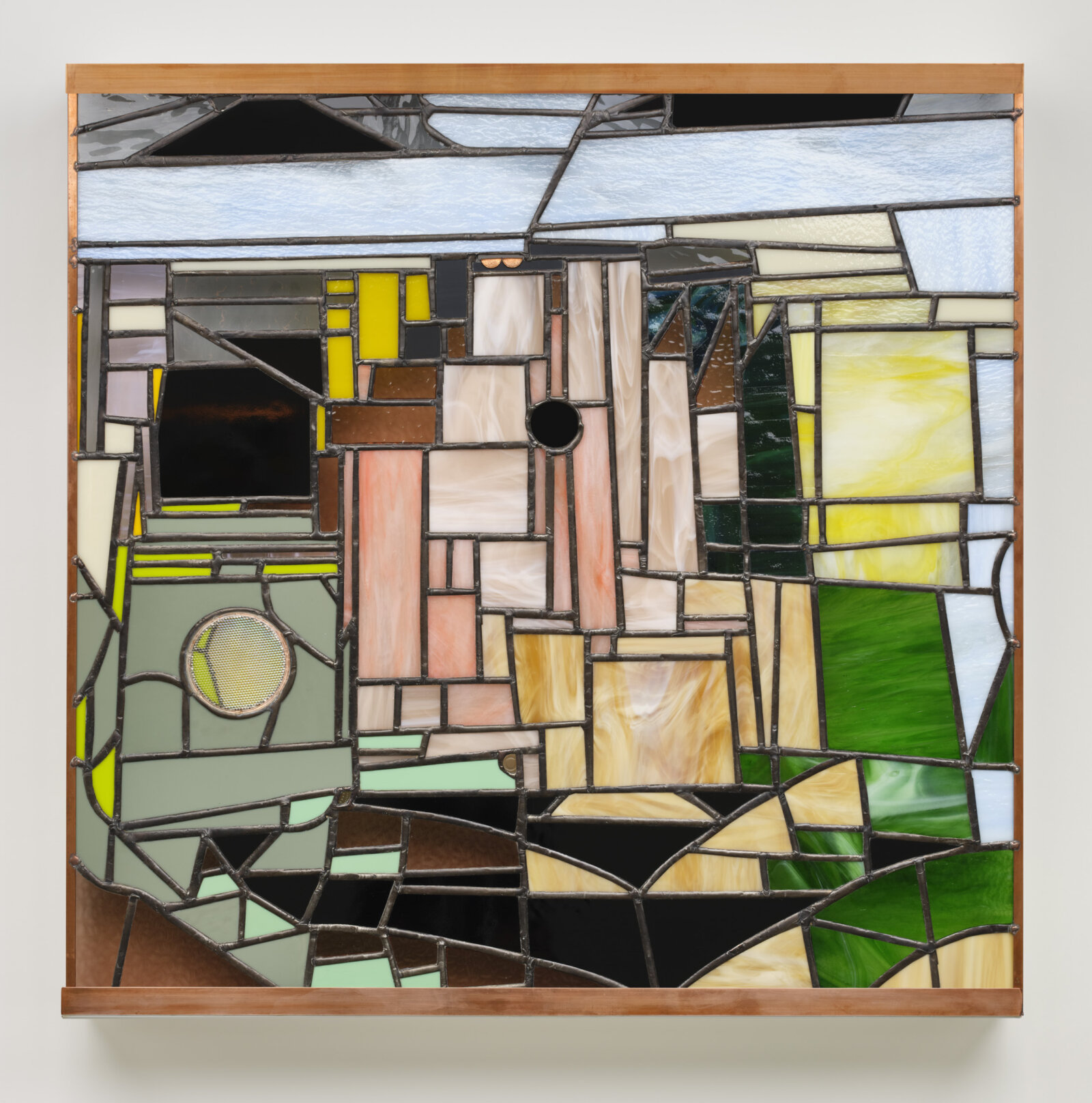 Devon Knowles, Walking Spectrum VII, ii, S17, 2022, glass, copper, tin, lead, steel, 34 x 34 x 3 in. (87 x 86 x 8 cm)