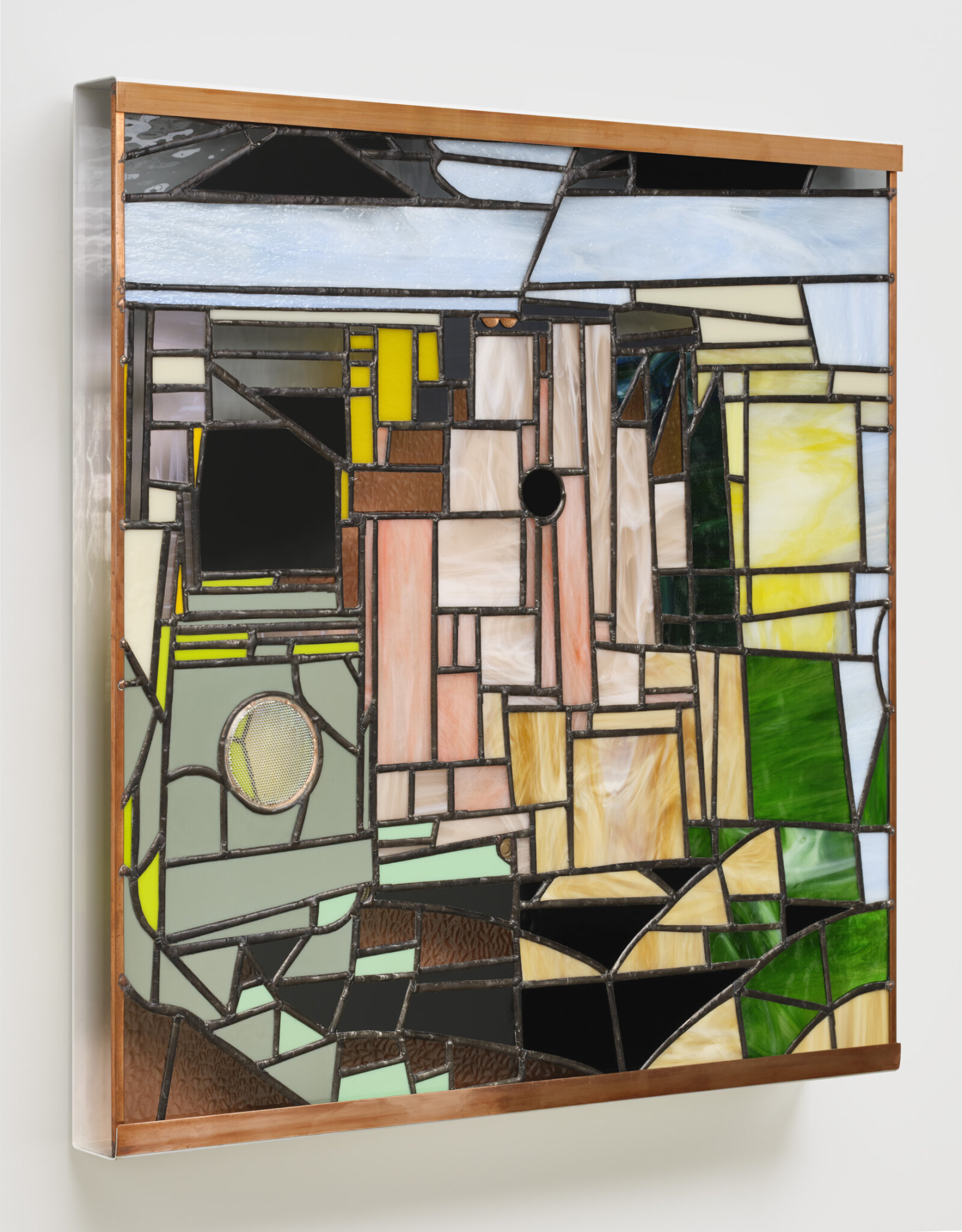 Devon Knowles, Walking Spectrum VII, ii, S17, 2022, glass, copper, tin, lead, steel, 34 x 34 x 3 in. (87 x 86 x 8 cm)