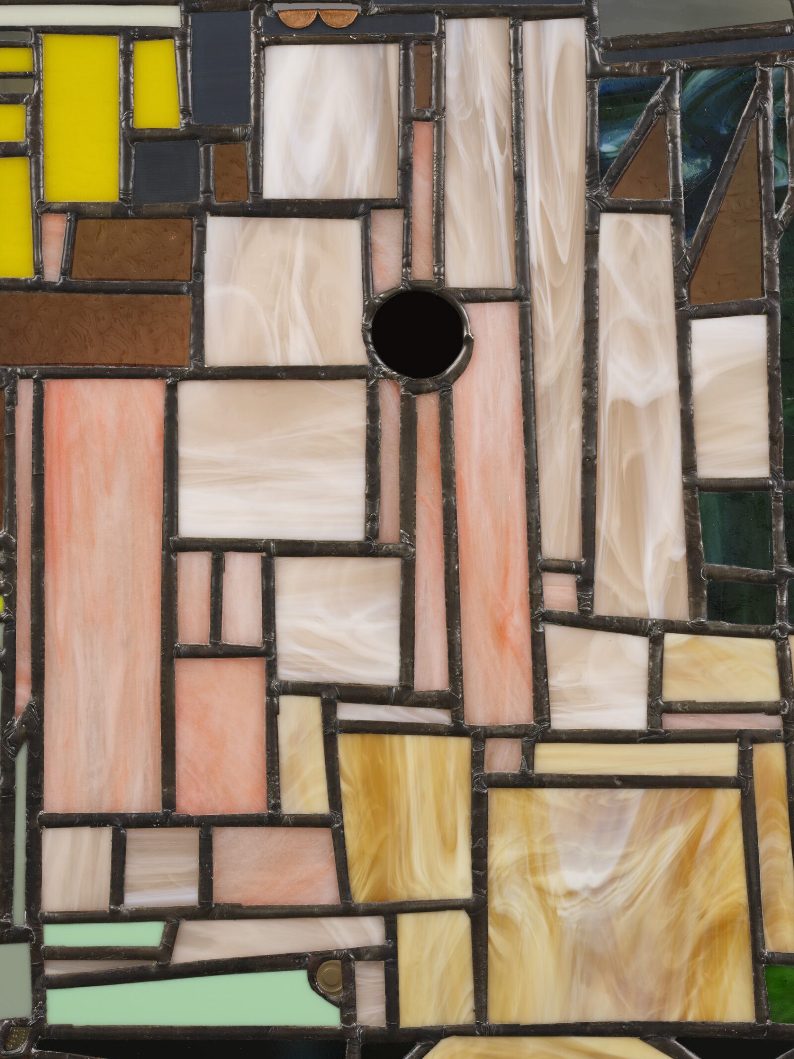 Devon Knowles, Walking Spectrum VII, ii, S17 (detail), 2022, glass, copper, tin, lead, steel, 34 x 34 x 3 in. (87 x 86 x 8 cm)