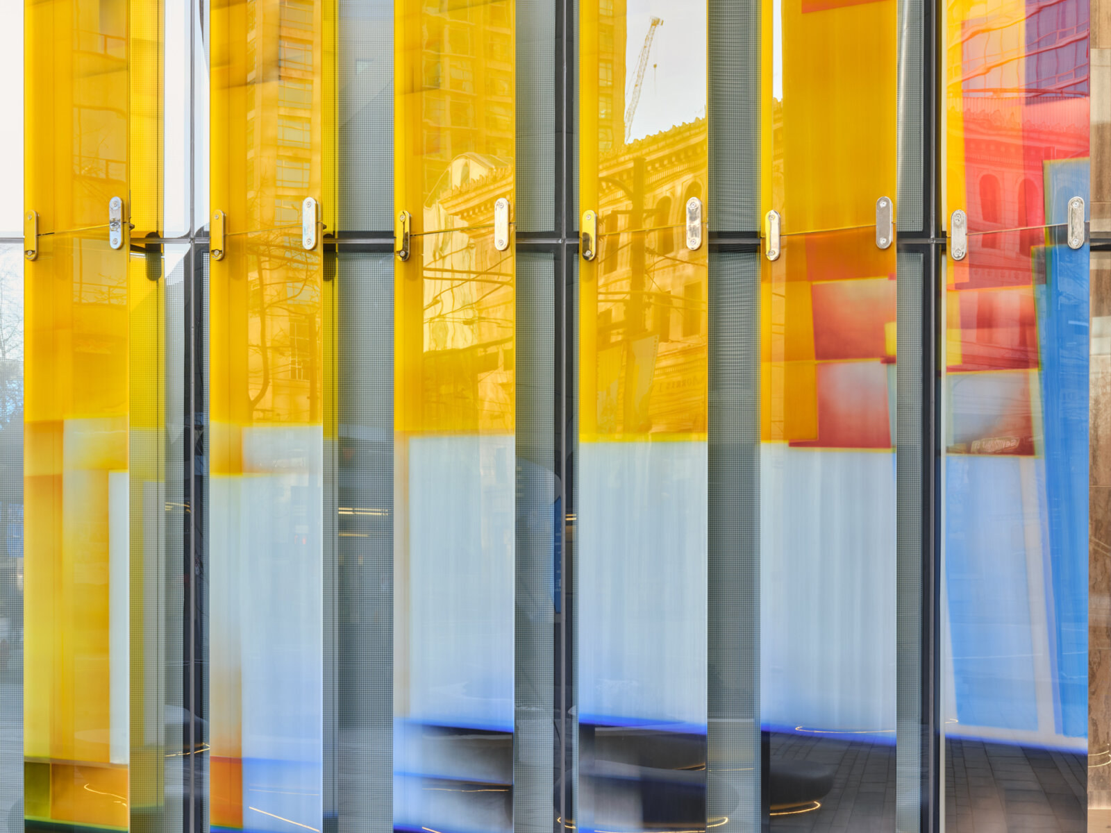 Devon Knowles, Walking Spectrum (detail), 2021, hand painted glass, 354 x 354 x 20 in. (900 x 900 x 50 cm). Installation view, Vancouver, Canada, 2021