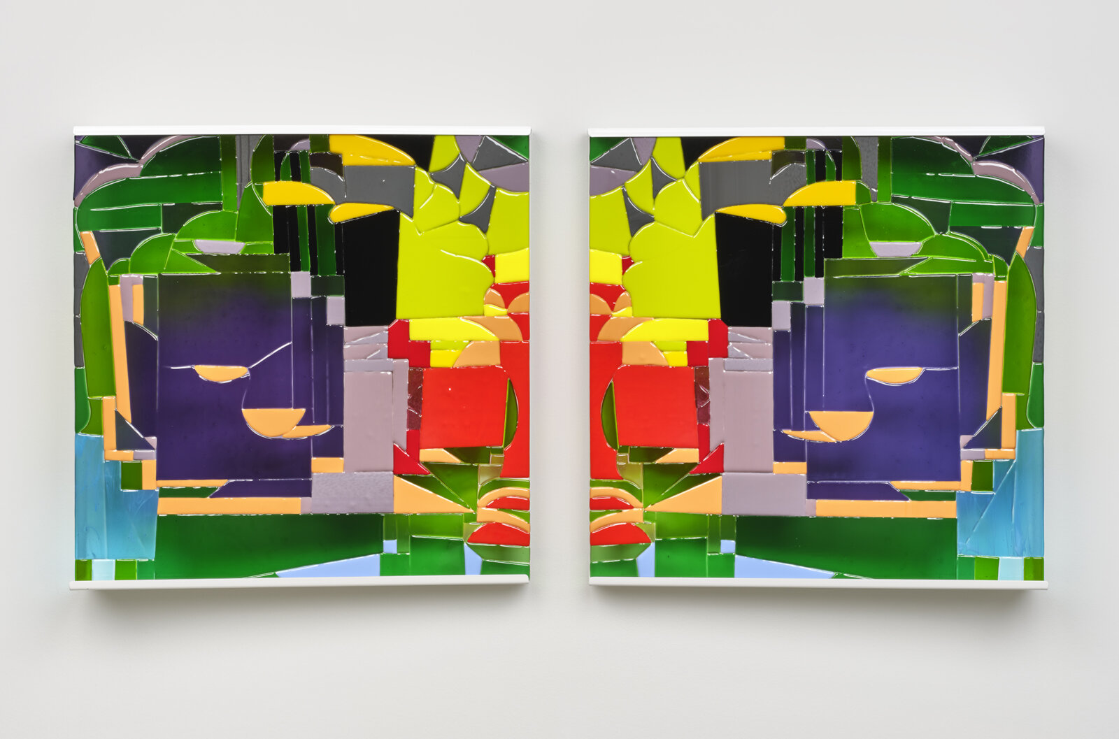 Devon Knowles, Winter Butterfly, 2022, glass, steel, diptych, 42 x 42 x 5 in. (107 x 107 x 11 cm)