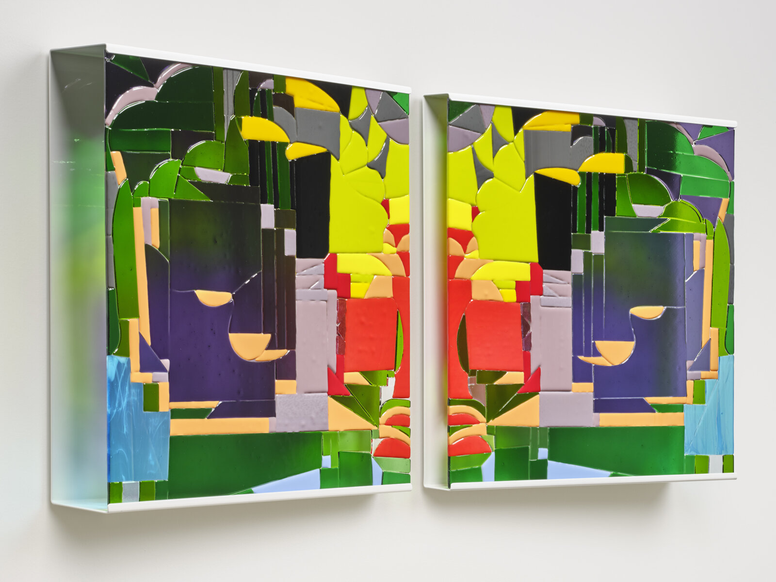 Devon Knowles, Winter Butterfly, 2022, glass, steel, diptych, 42 x 42 x 5 in. (107 x 107 x 11 cm)