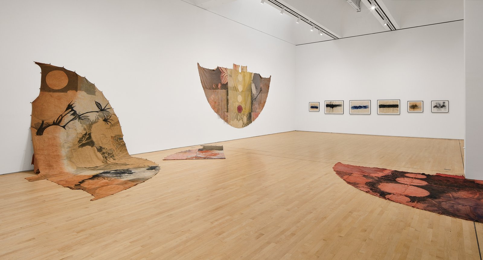Duane Linklater, can the circle be unbroken 1–5, 2019, digital print on linen, dye, charcoal, mixed media, installation dimensions variable. Installation view, SOFT POWER, SF MOMA, San Francisco, USA, 2019