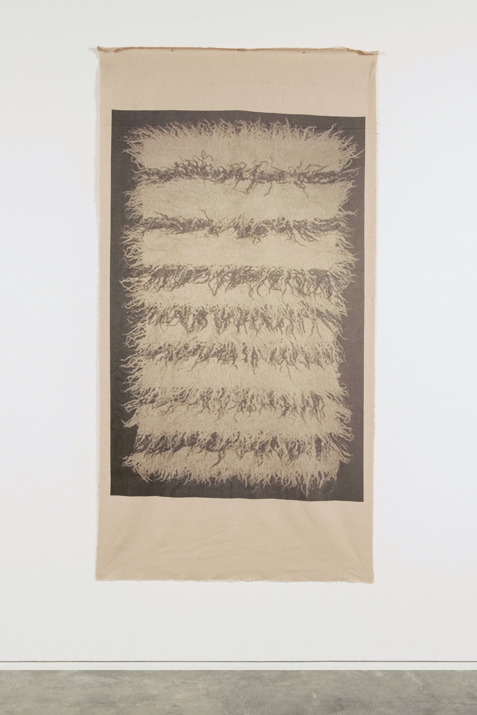Duane Linklater, UMFA 1974.079.091.050, 2015, inkjet print on linen, nails, from Navajo Saddle Blanket, Utah Museum of Fine Arts Collection, 85 x 44 in. (216 x 112 cm)