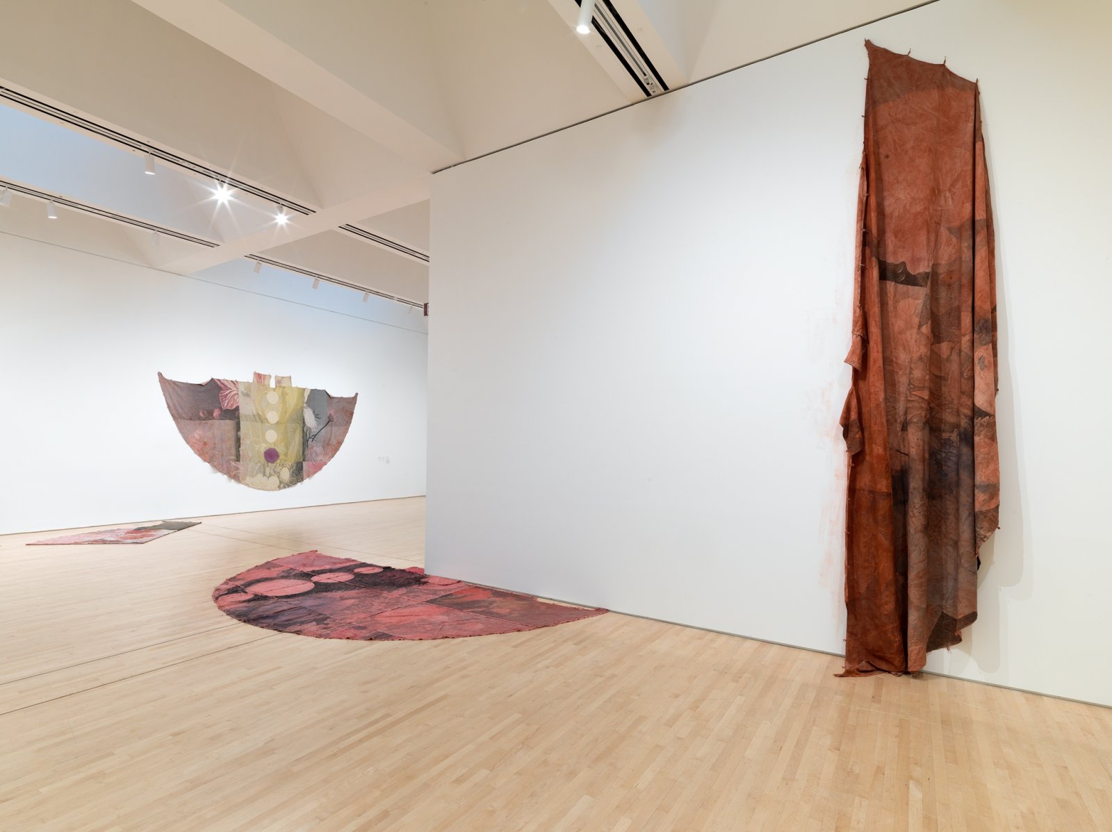 Duane Linklater, can the circle be unbroken 1–5, 2019, digital print on linen, dye, charcoal, mixed media, installation dimensions variable. Installation view, SOFT POWER, SF MOMA, San Francisco, USA, 2019
