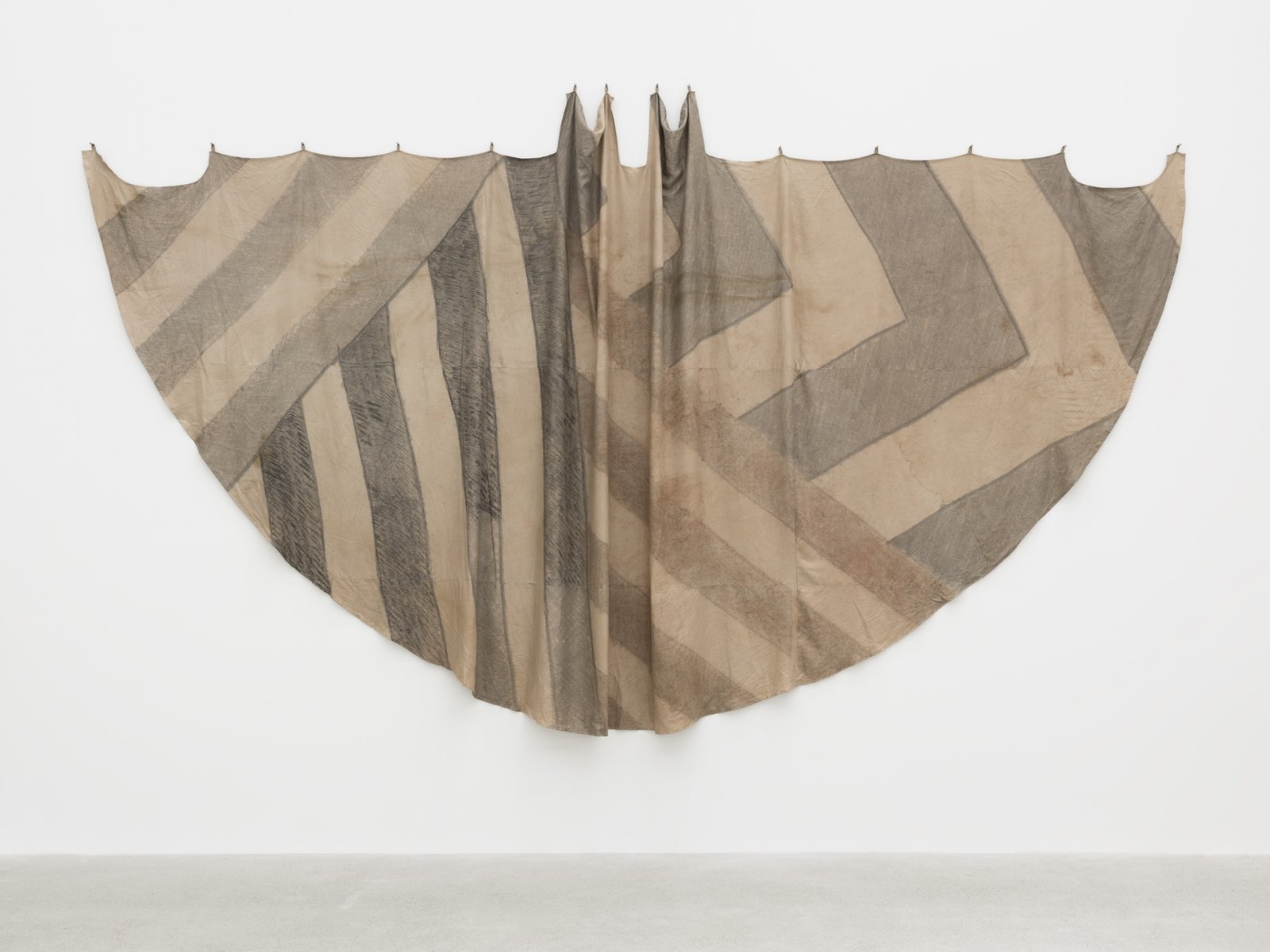 Duane Linklater, Tipi cover for deep forest dazzle / four on the floor for Tobias, 2018, digital print on hand-dyed linen, sumac, cedar, charcoal, nails, 117 x 230 in. (296 x 584 cm)