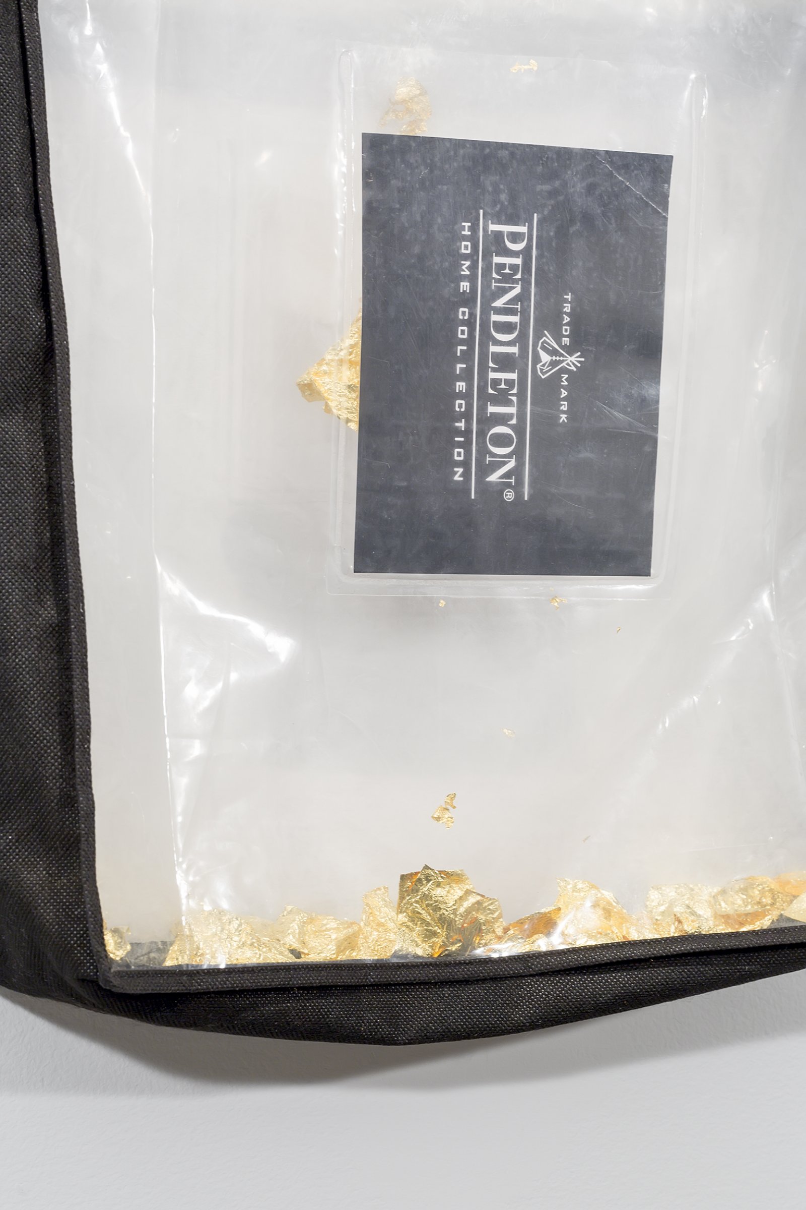 Duane Linklater, Trademark (detail), 2016, gold leaf, plastic bag, 19 x 16 x 4 in. (48 x 40 x 9 cm)