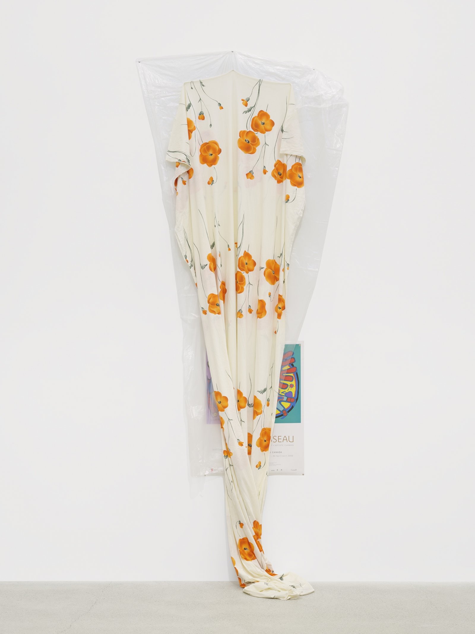 Duane Linklater, body, 2016, plastic sheeting, cotton cloth, nails, thumb tacks, paper poster from National Gallery of Canada, 124 x 35 x 15 in. (315 x 89 x 38 cm)
