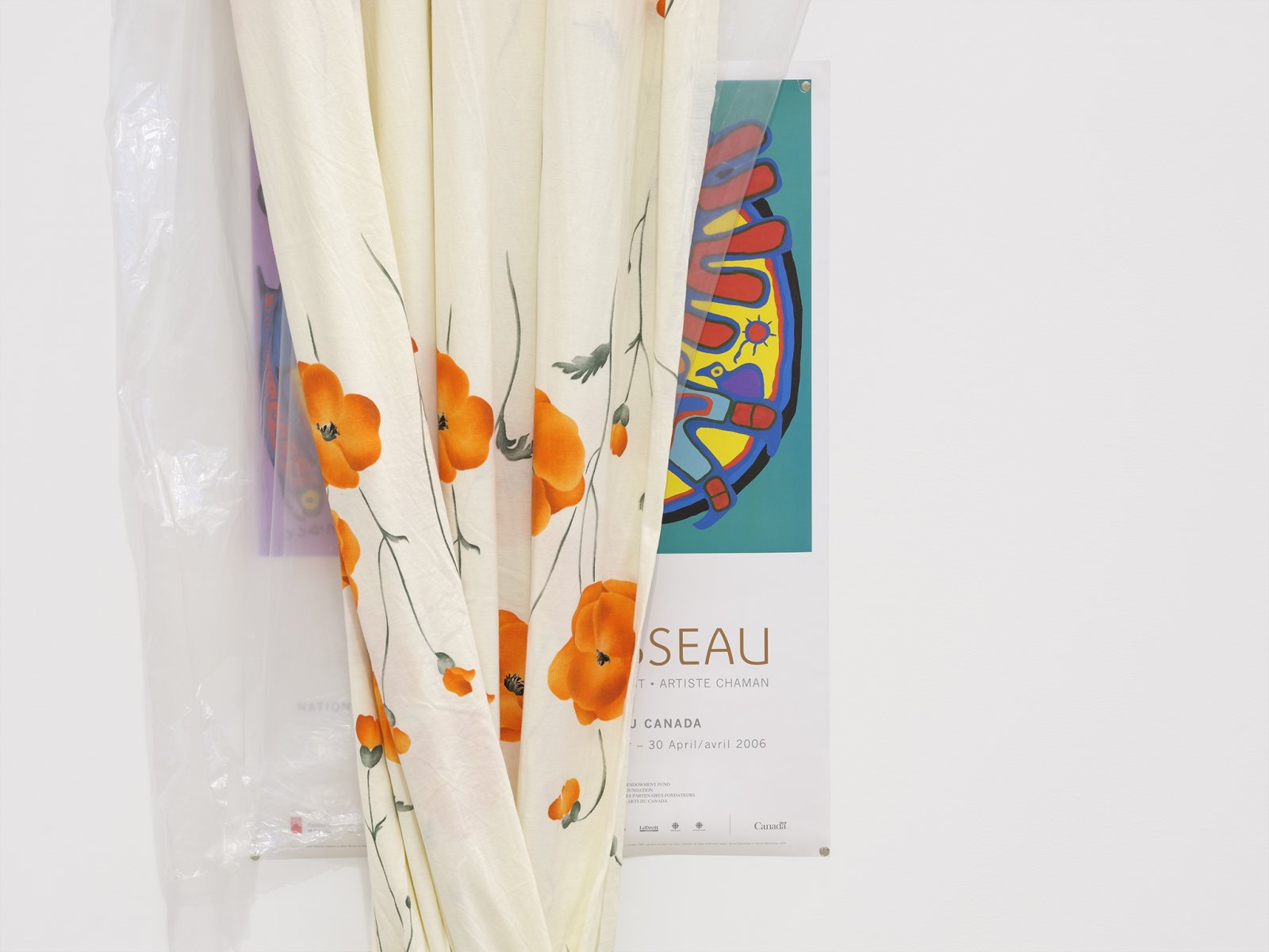 Duane Linklater, body (detail), 2016, plastic sheeting, cotton cloth, nails, thumb tacks, paper poster from National Gallery of Canada, 124 x 35 x 15 in. (315 x 89 x 38 cm)