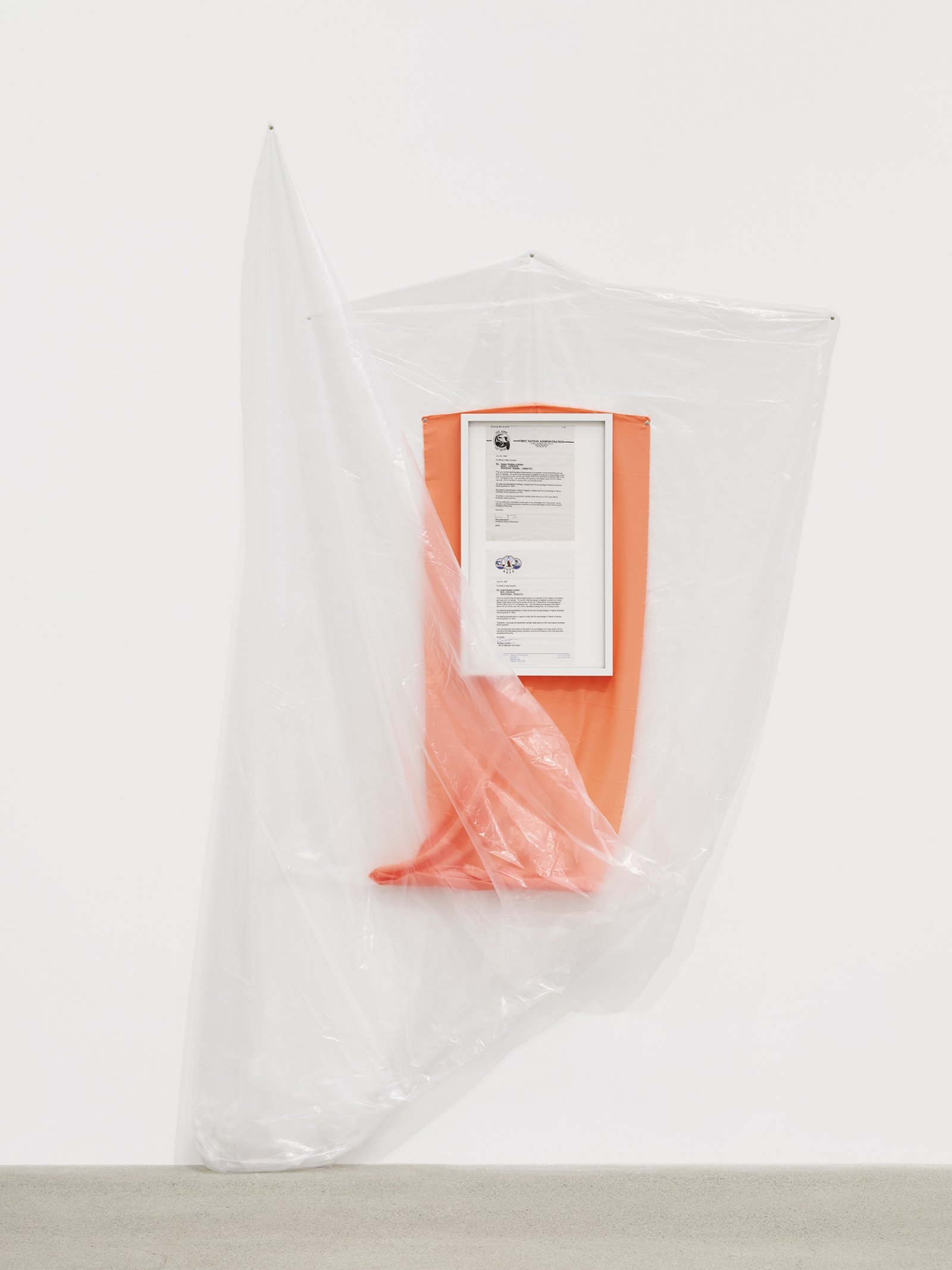 Duane Linklater, border, 2016, plastic sheeting, cotton cloth, nails, thumb tacks, framed digital print, 98 x 57 x 12 in. (249 x 145 x 31 cm)