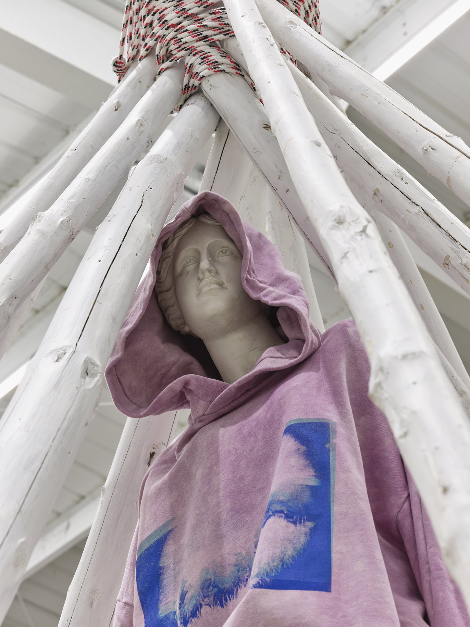 Duane Linklater, what grief conjures (detail), 2020, teepee poles, paint, nylon rope, wooden pallet, refrigerator, tie-down straps, hand truck, plastic statue, handmade hoodie, cochineal dye, silkscreen, 249 x 160 x 160 in. (632 x 406 x 406 cm)