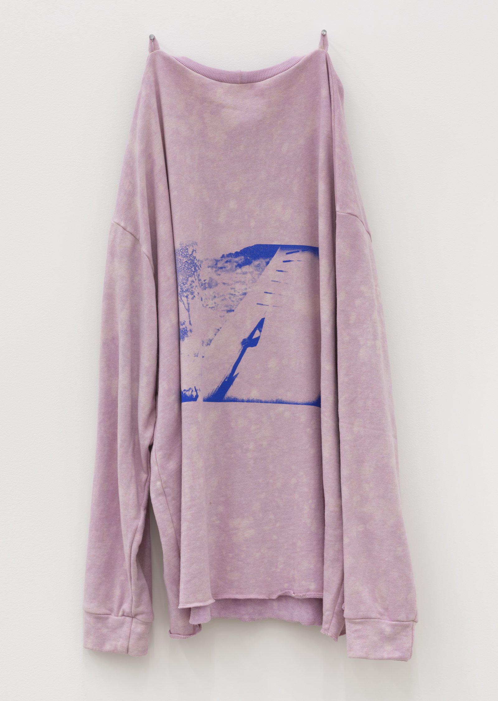 Duane Linklater, whiteeagle, 2020, handmade sweater, cochineal dye, silkscreen, nails, 38 x 20 x 5 in. (97 x 51 x 13 cm) by Duane Linklater