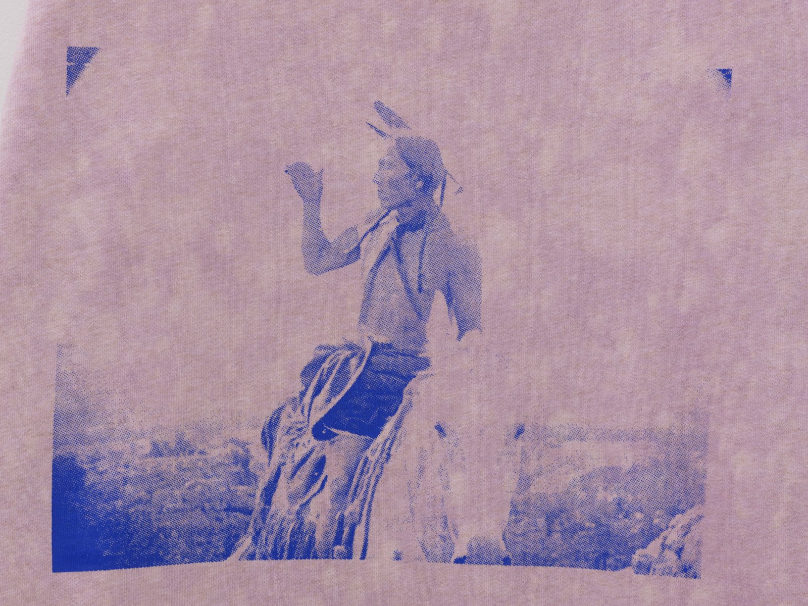 Duane Linklater, whiteeagle (detail), 2020, handmade sweater, cochineal dye, silkscreen, nails, 38 x 20 x 5 in. (97 x 51 x 13 cm) by Duane Linklater