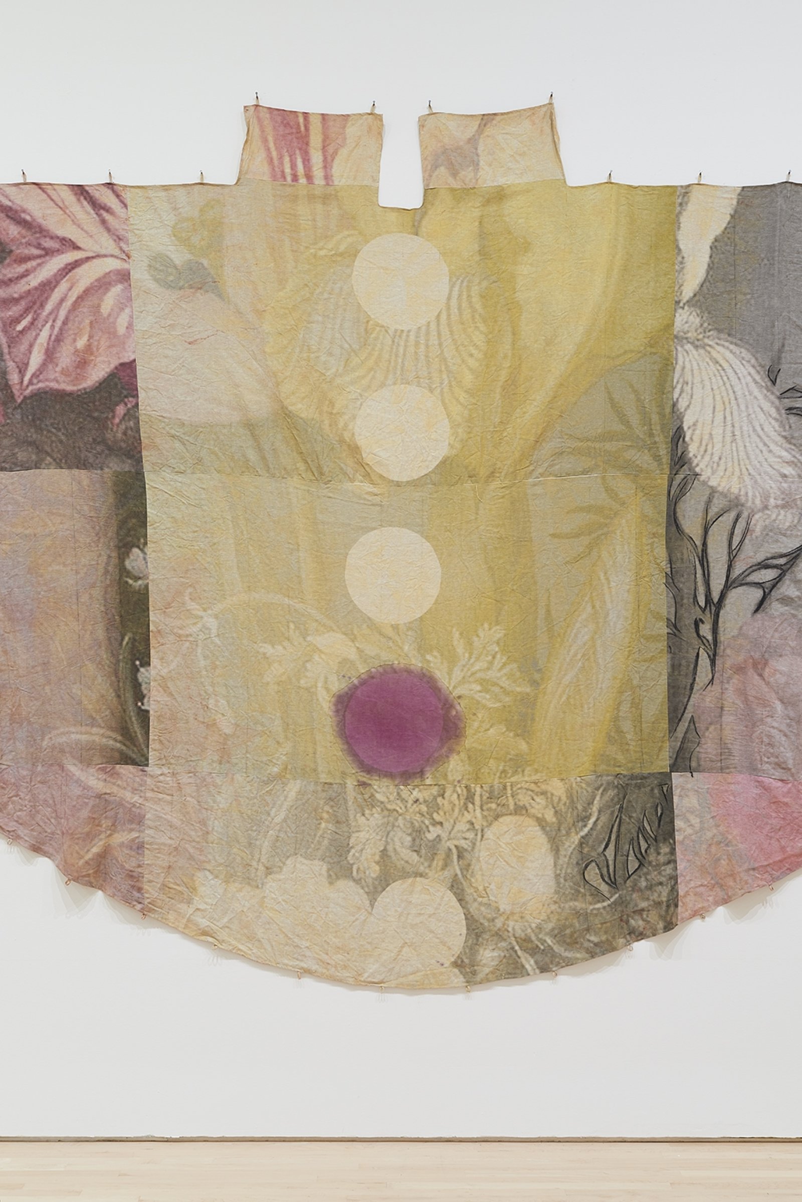 Duane Linklater, can the circle be unbroken 2 (detail), 2019, digital print on linen, iron red dye, cypress yellow ochre, blueberry extract, charcoal, nails, 120 x 240 in. (305 x 610 cm). Installation view, SOFT POWER, SF MOMA, San Francisco, USA, 2019
