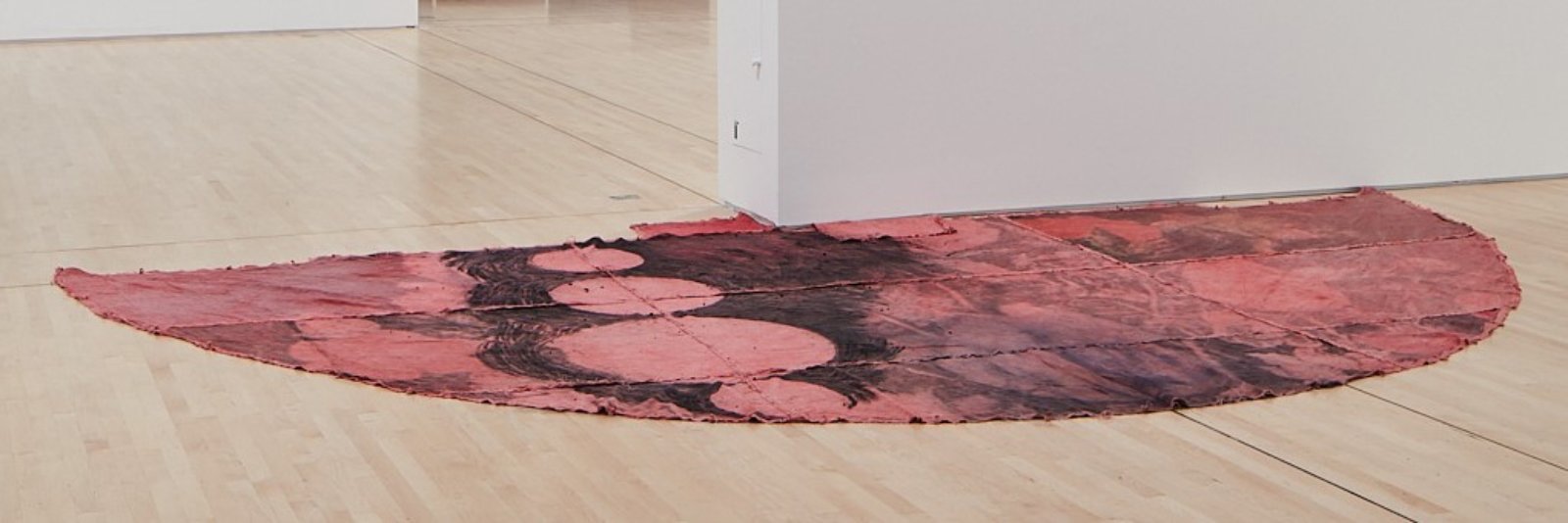 Duane Linklater, can the circle be unbroken 4, 2019, digital print on linen, cup and saucer red dye, indigo dye, charcoal, 120 x 240 in. (305 x 610 cm). Installation view, SOFT POWER, SF MOMA, San Francisco, USA, 2019