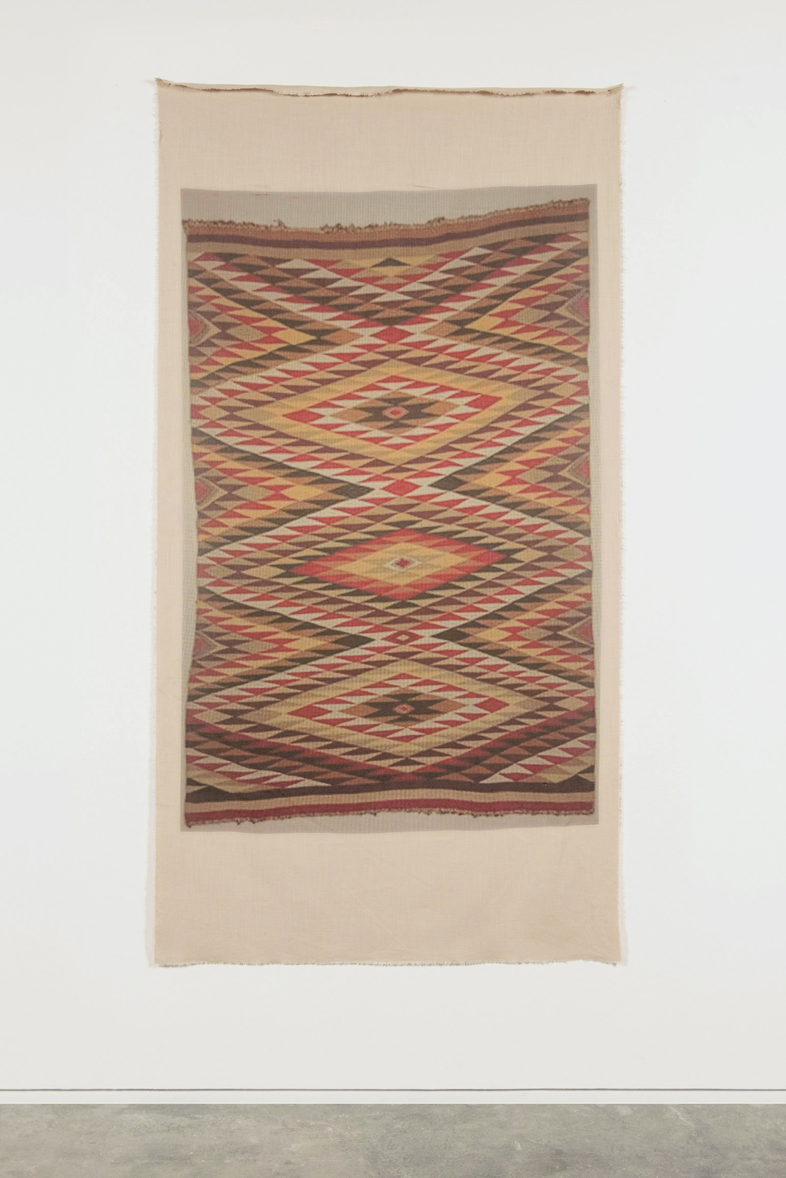 Duane Linklater, UMFA 1975.078.020.013, 2015, inkjet print on linen, nails, from Navajo Rug, Utah Museum of Fine Arts Collection, 85 x 44 in. (216 x 112 cm)
