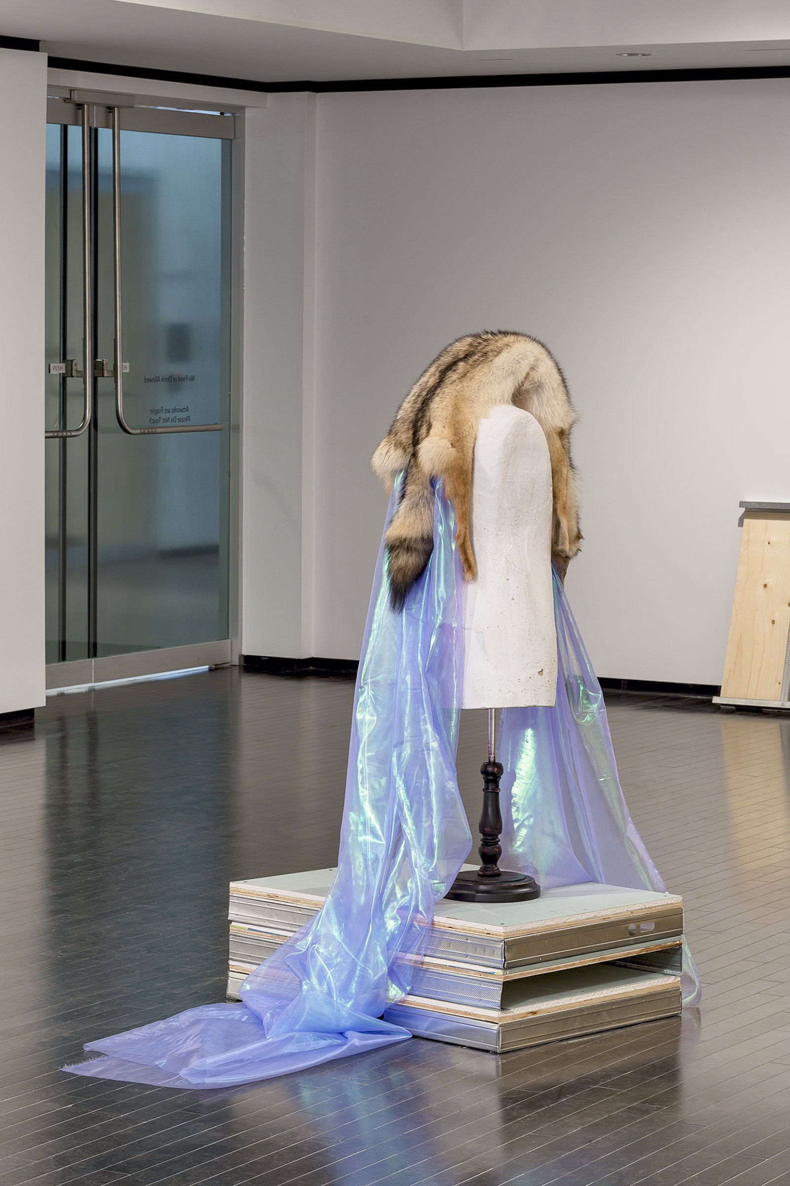 Duane Linklater, Beast of Burden, 2016, coyote fur, dress form, gypsum, steel, wood, dimensions variable