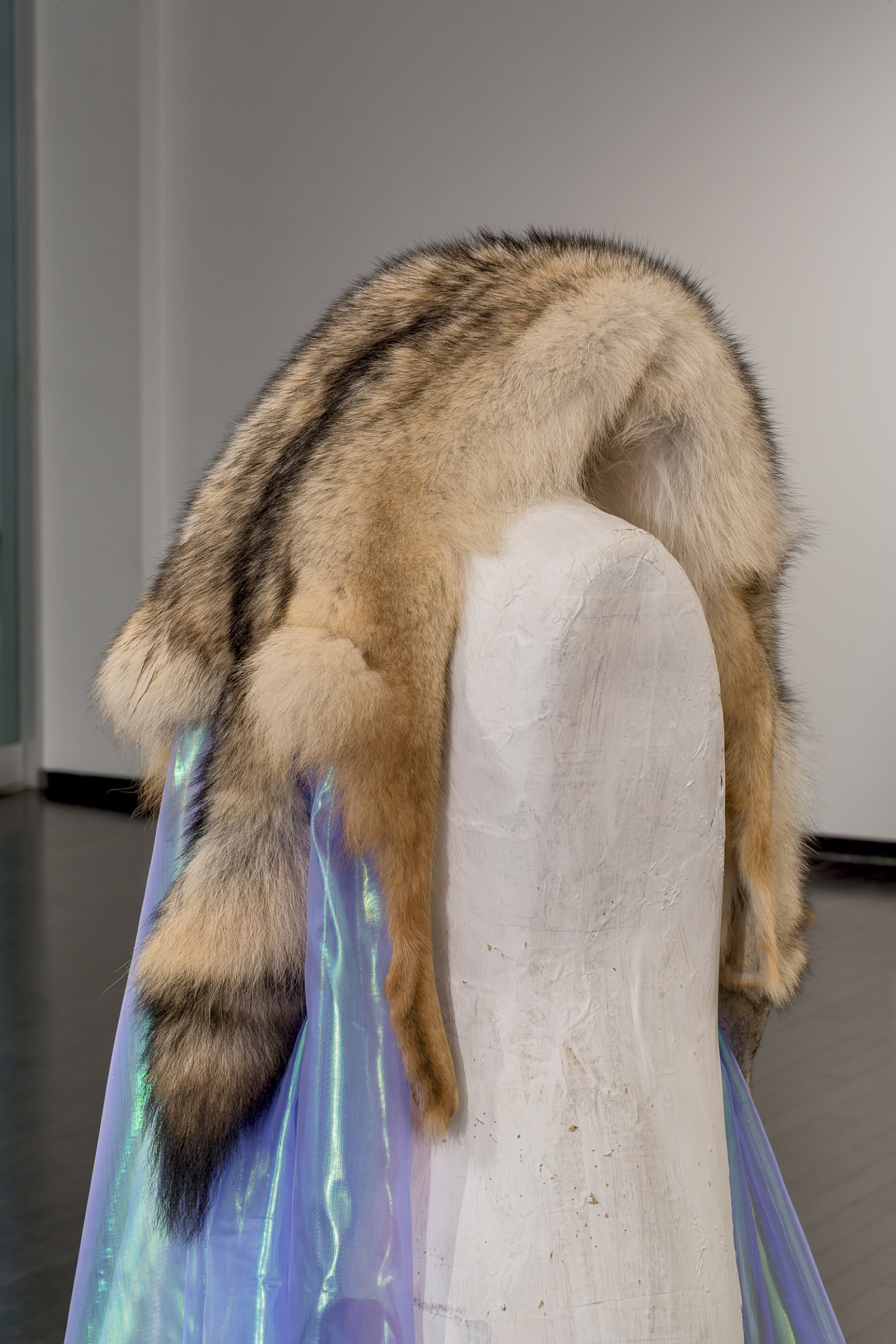 Duane Linklater, Beast of Burden (detail), 2016, coyote fur, dress form, gypsum, steel, wood, dimensions variable