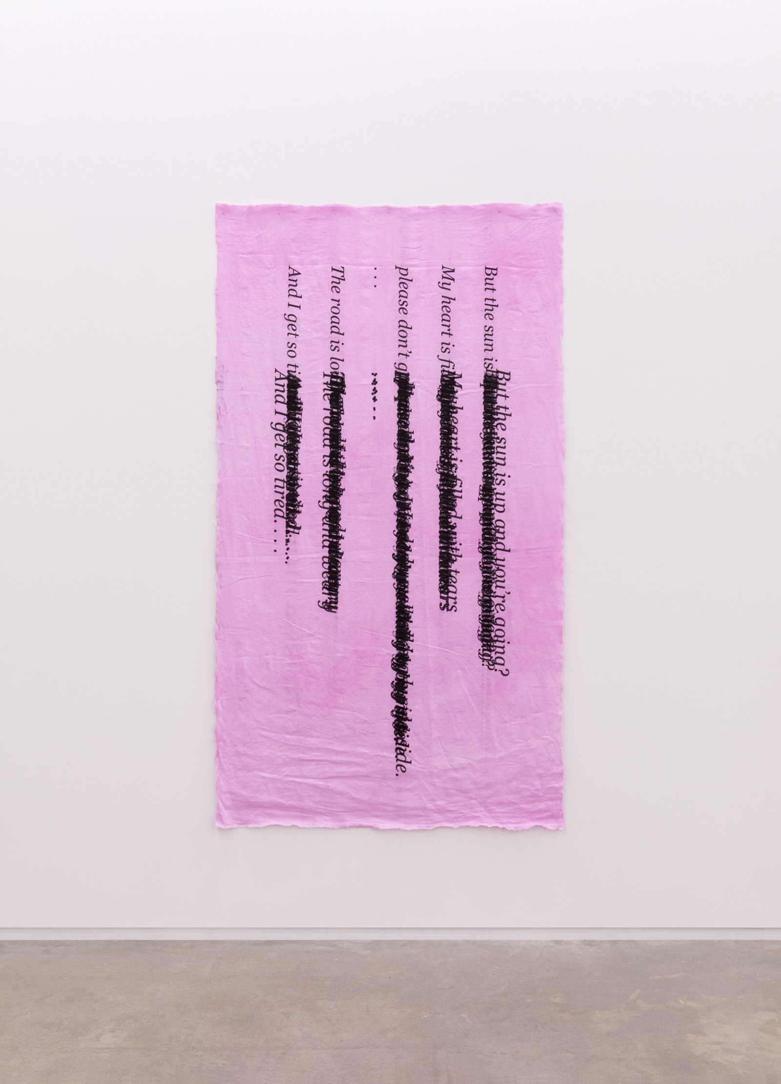 Duane Linklater, Ellipses, 2014, inkjet print on hand dyed linen, nails, 79 x 4 in. (200 x 110 cm)