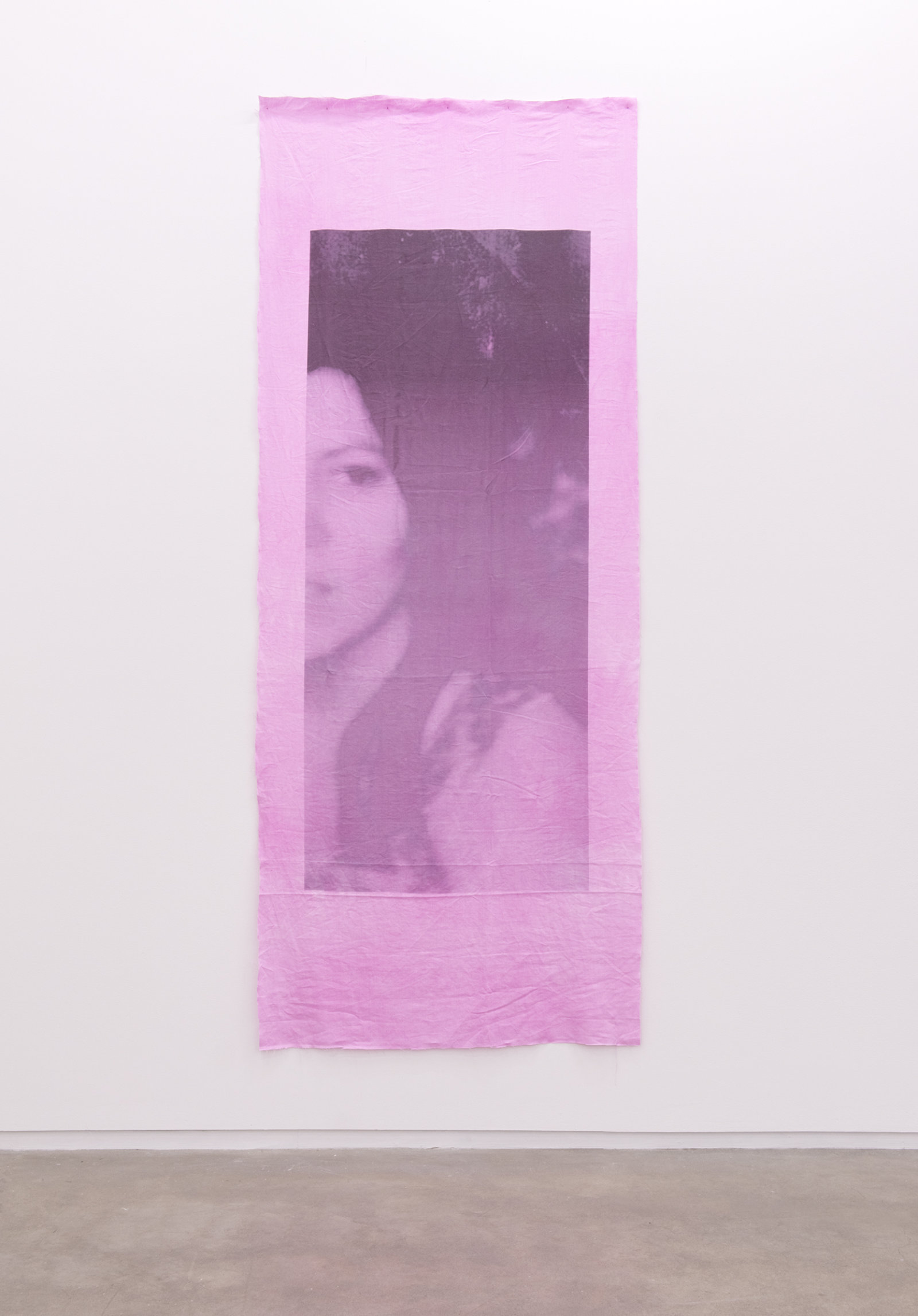 Duane Linklater, Family photograph (detail), 2014, 2 inkjet prints on hand dyed linen, nails, 110 x 44 in. (278 x 110 cm), left: 101 x 43 inches (255 x 109 cm), right: 110 x 44 (278 x 112 cm)