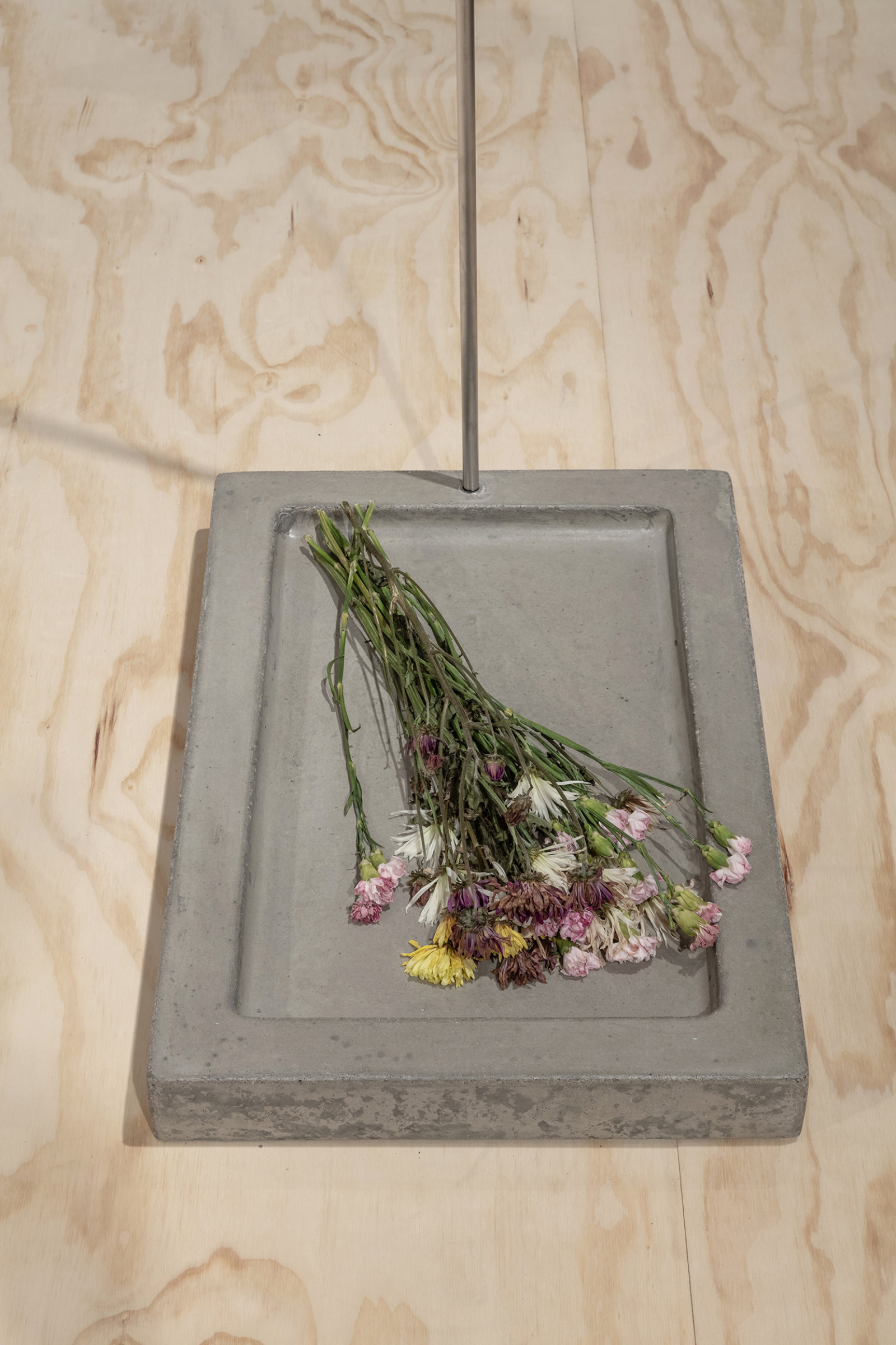 Duane Linklater, Speculative apparatus 7 for the work of nohkompan (detail), 2016, concrete, stainless steel, flowers, 24 x 16 x 43 in. (61 x 41 x 109 cm)