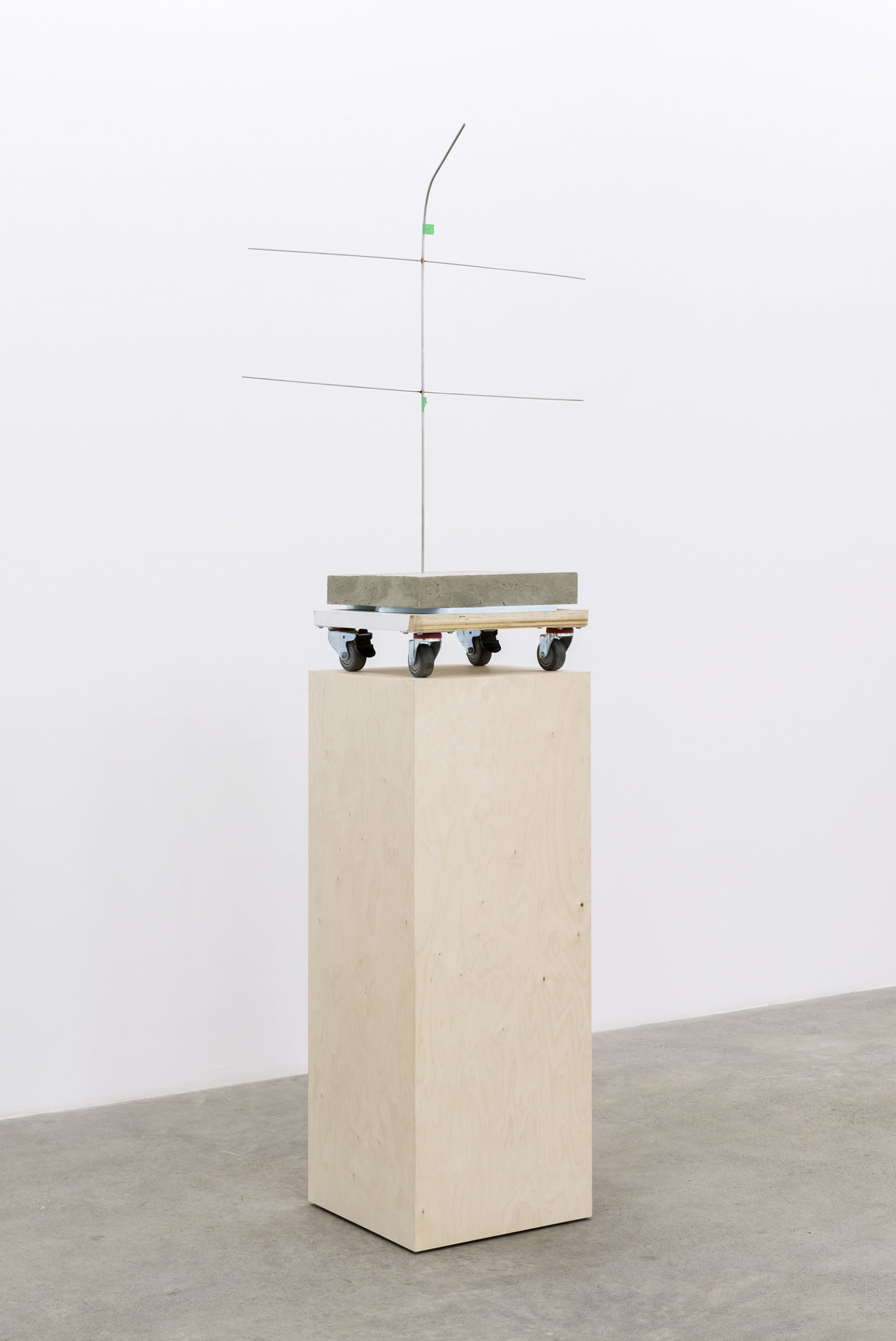 Duane Linklater, Thunderbird Woman (after Daphne Odjig), 2016, concrete, welded stainless steel, utility cart, insulation, tape, wood plinth, 97 x 18 x 36 in. (246 x 46 x 91 cm)