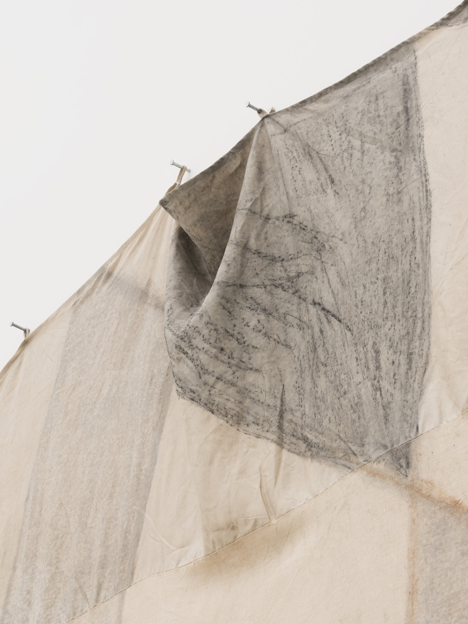 Duane Linklater, Tipi cover for unknown future horizon / Indian lemonade diamond for Mina (detail), 2018, digital print on hand-dyed linen, cedar, sumac, charcoal, nails, 113 x 213 in. (287 x 541 cm)