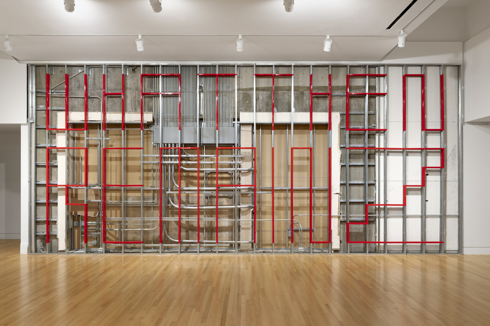 Duane Linklater, What Then Remainz, 2016, disassembled wall(s), powder-coated steel, steel screws, dimensions variable. Installation view, mymothersside, Frye Art Museum, Seattle, 2021
