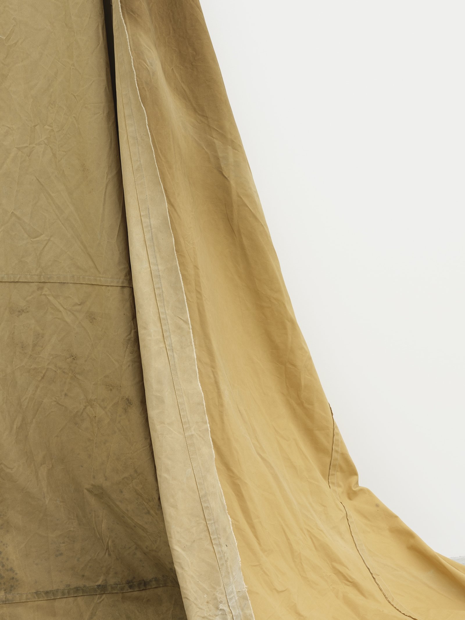Duane Linklater, a gift from Doreen (detail), 2016–2019, hand-dyed canvas, tipi canvas, blueberry extract, grommets, nails, 108 x 270 x 123 in. (274 x 686 x 312 cm)