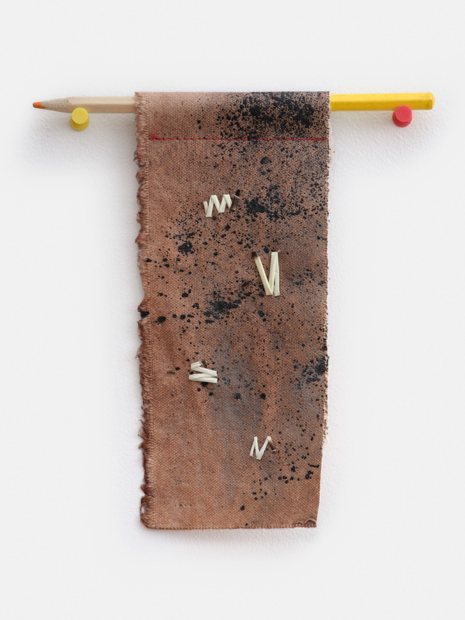 Duane Linklater, a small constellation in my mind, 2023, canvas, pencil, push pins, cochineal, sumac, charcoal, porcupine quills, 7 x 7 in. (19 x 17 cm)