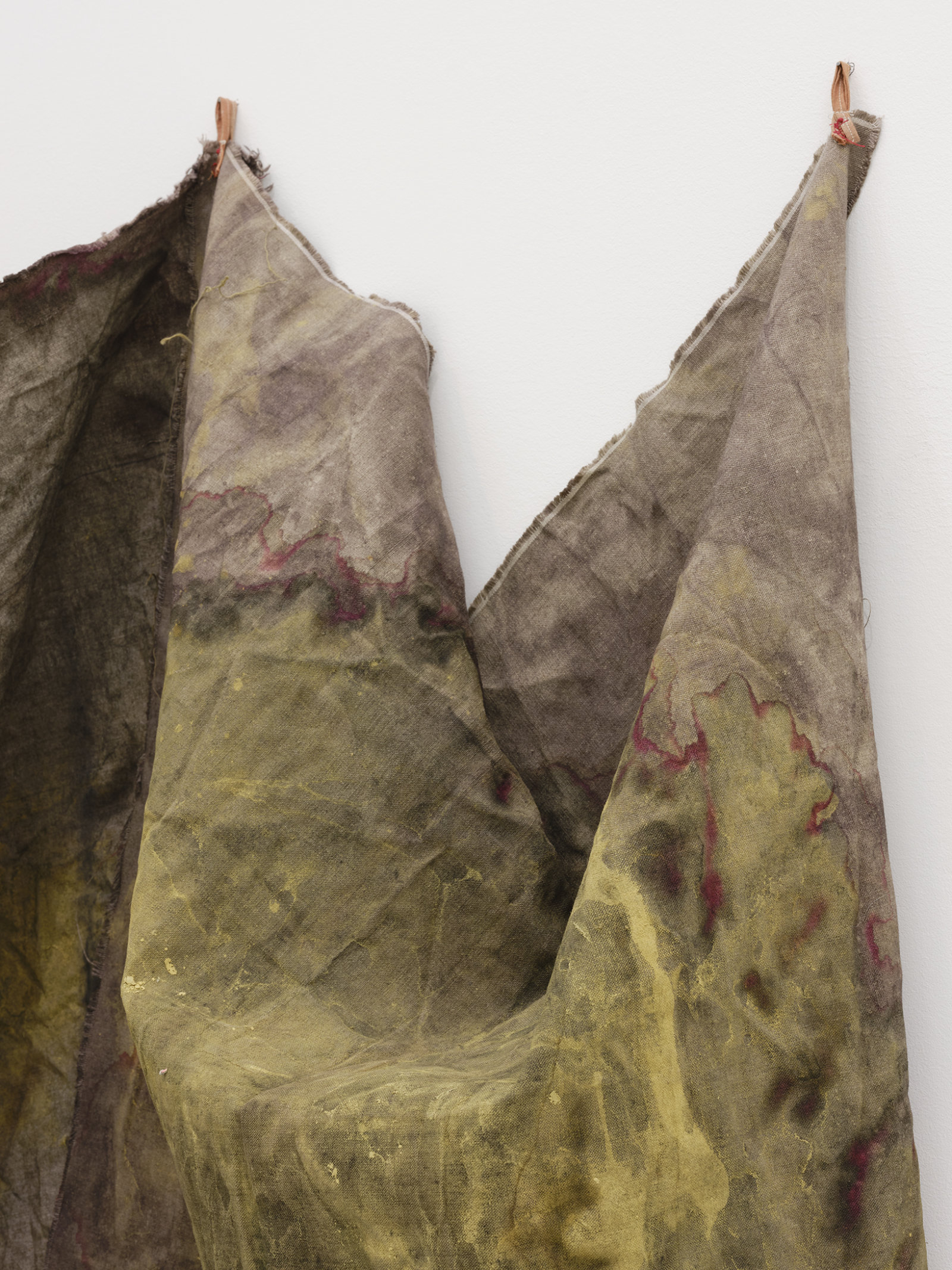 Duane Linklater, aspirated fragment (detail), 2021, digital print on linen, cochineal dye, yellow ochre, honey, charcoal, nails, 62 x 49 x 12 in. (158 x 125 x 31 cm)