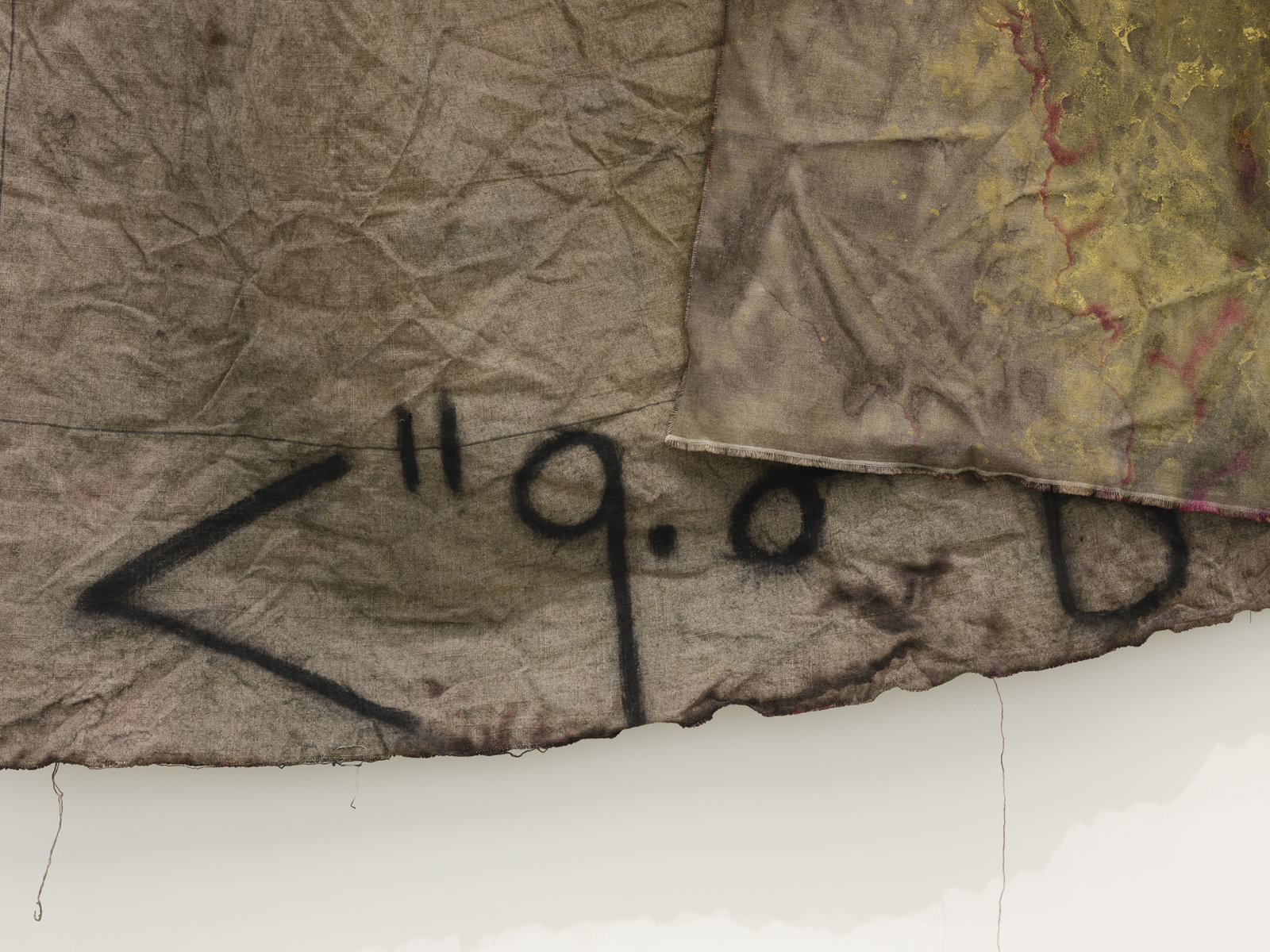 Duane Linklater, aspirated fragment (detail), 2021, digital print on linen, cochineal dye, yellow ochre, honey, charcoal, nails, 62 x 49 x 12 in. (158 x 125 x 31 cm)